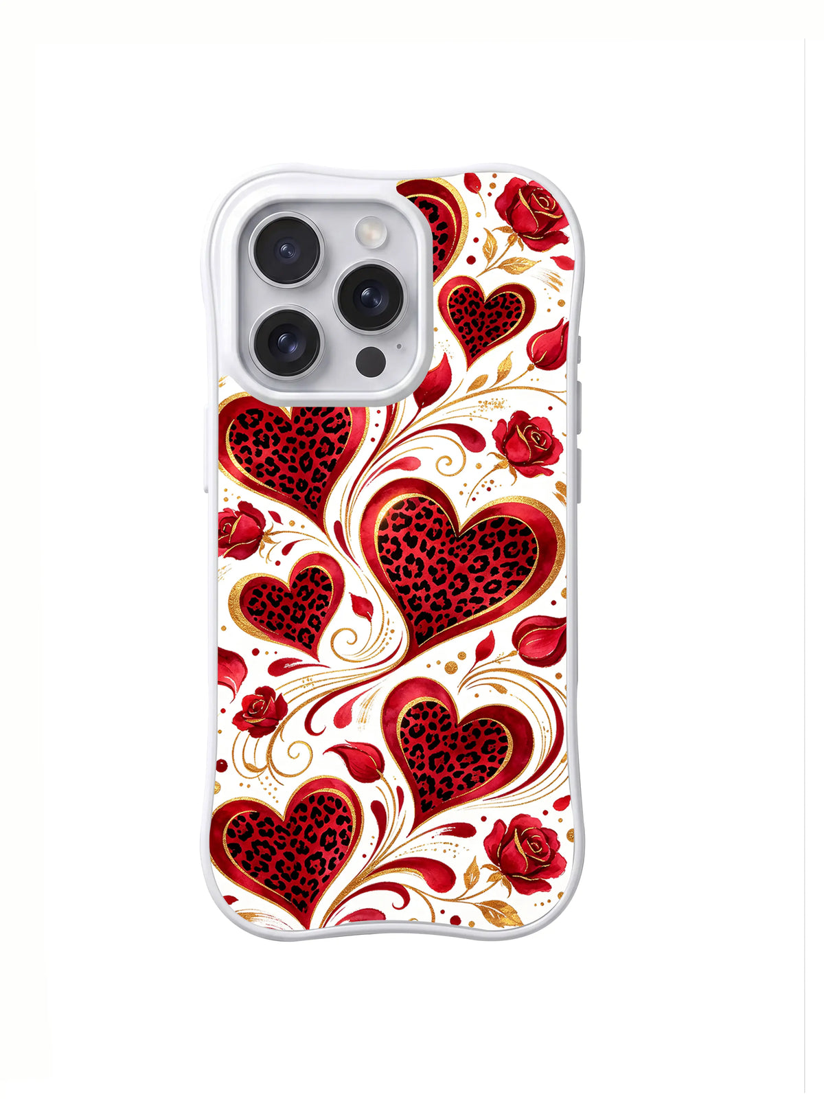 Wild Rose Heart Waltz red black pink white and gold-colored leopard-heart and rose artwork on an iPhone case