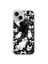 Masquerade Ribbon Garden black and white ghost bow artwork on iPhone 15 Plus case