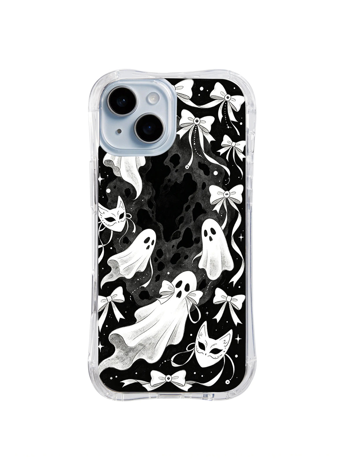 Masquerade Ribbon Garden black and white ghost bow artwork on iPhone 15 Plus case