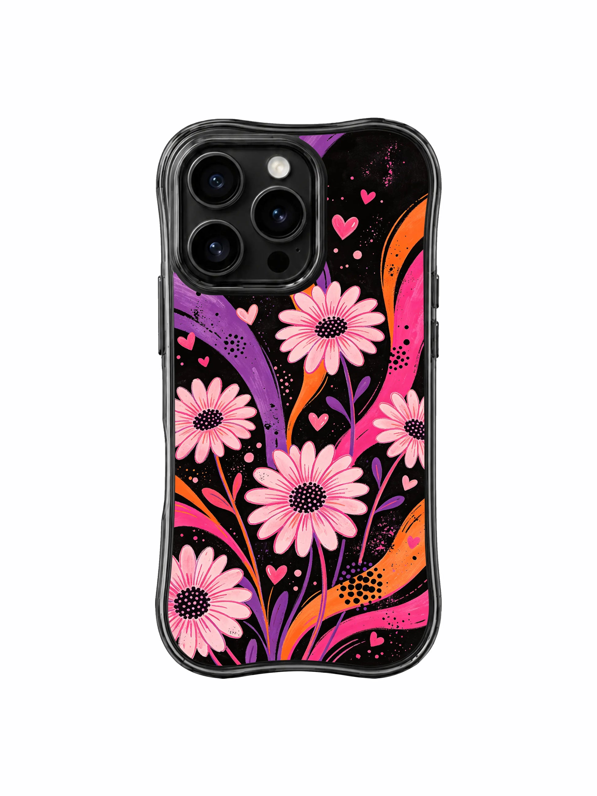 PhoneCasing iPhone 16 pro Case with moody worn vintage dark dream wall poster composition built on distressed scratch grain matte black base slow drifting purple-orange fluid ribbons and freely blooming blush daisy hidden pink heart dot signal silhouettes, exclusive Ruby Daze artist collab heavy-duty protective art case.