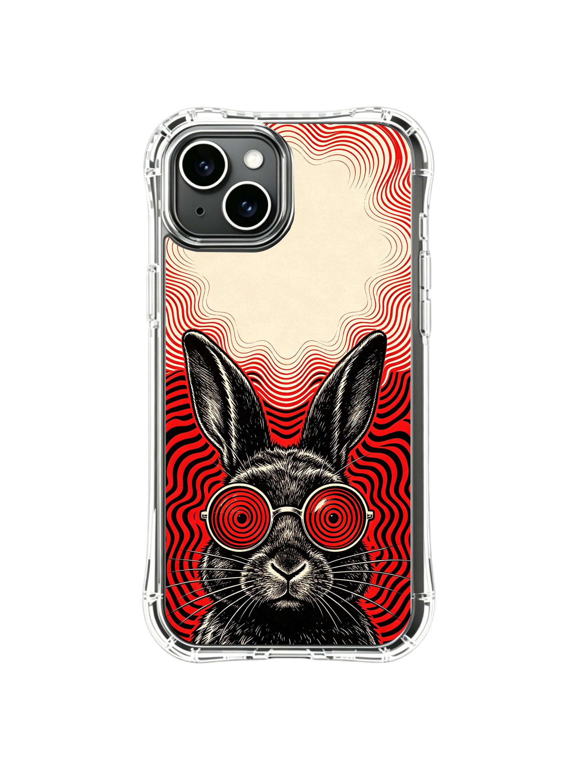 Classic 60s psychedelic record art black rabbit fine art on PhoneCasing iPhone 13 Case, premium licensed Rufus Vale casing as unique bridesmaid luxury art gift for US female collectors.