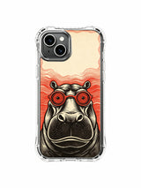 Classic 60s psychedelic surreal calm hippo fine art with crimson spiral eyewear on PhoneCasing iPhone 13 Case, premium licensed Rufus Vale casing as unique bridesmaid luxury art gift across United States.