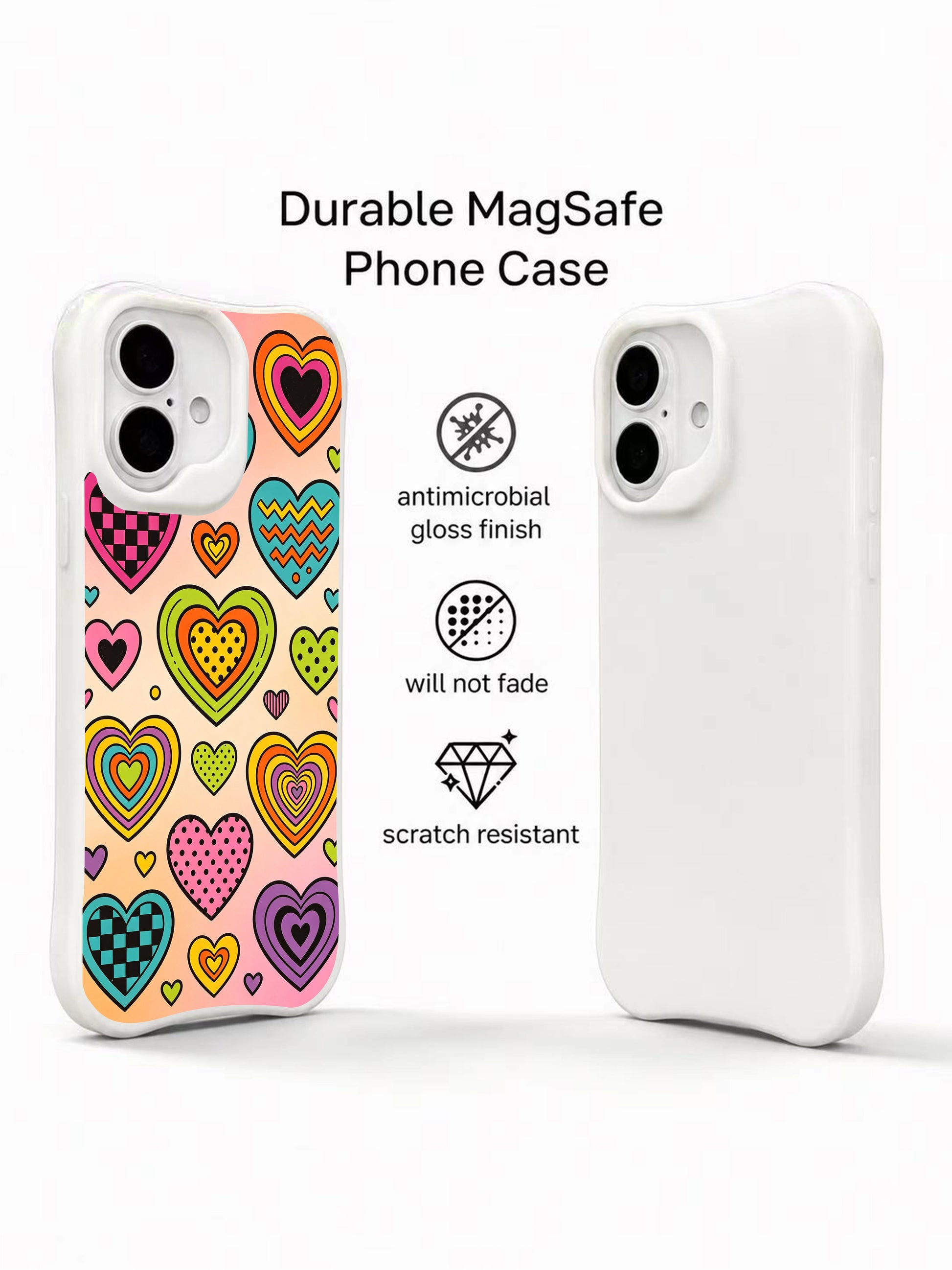 PhoneCasing 70s patchwork hearts iPhone 16 plus case, vintage-inspired doodle art, high quality iphone 16 plus casing made in California.