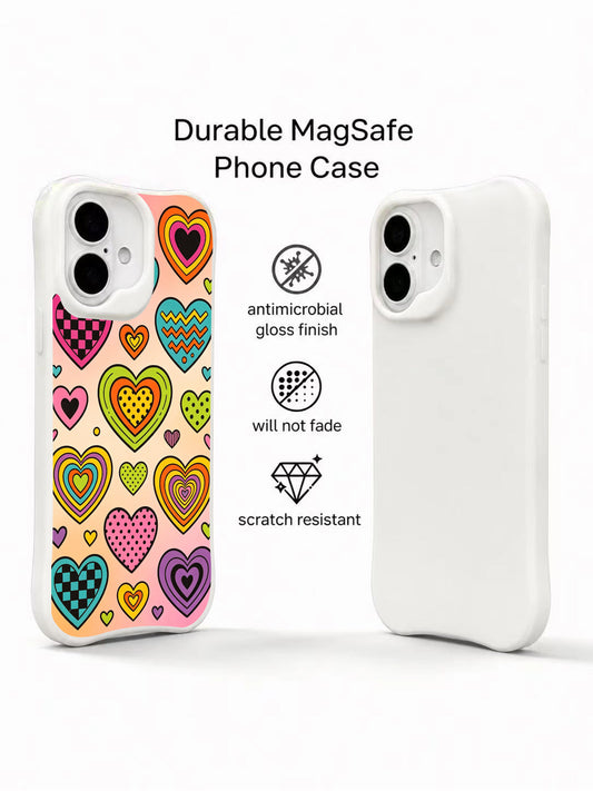PhoneCasing 70s patchwork hearts iPhone 16 plus case, vintage-inspired doodle art, high quality iphone 16 plus casing made in California.