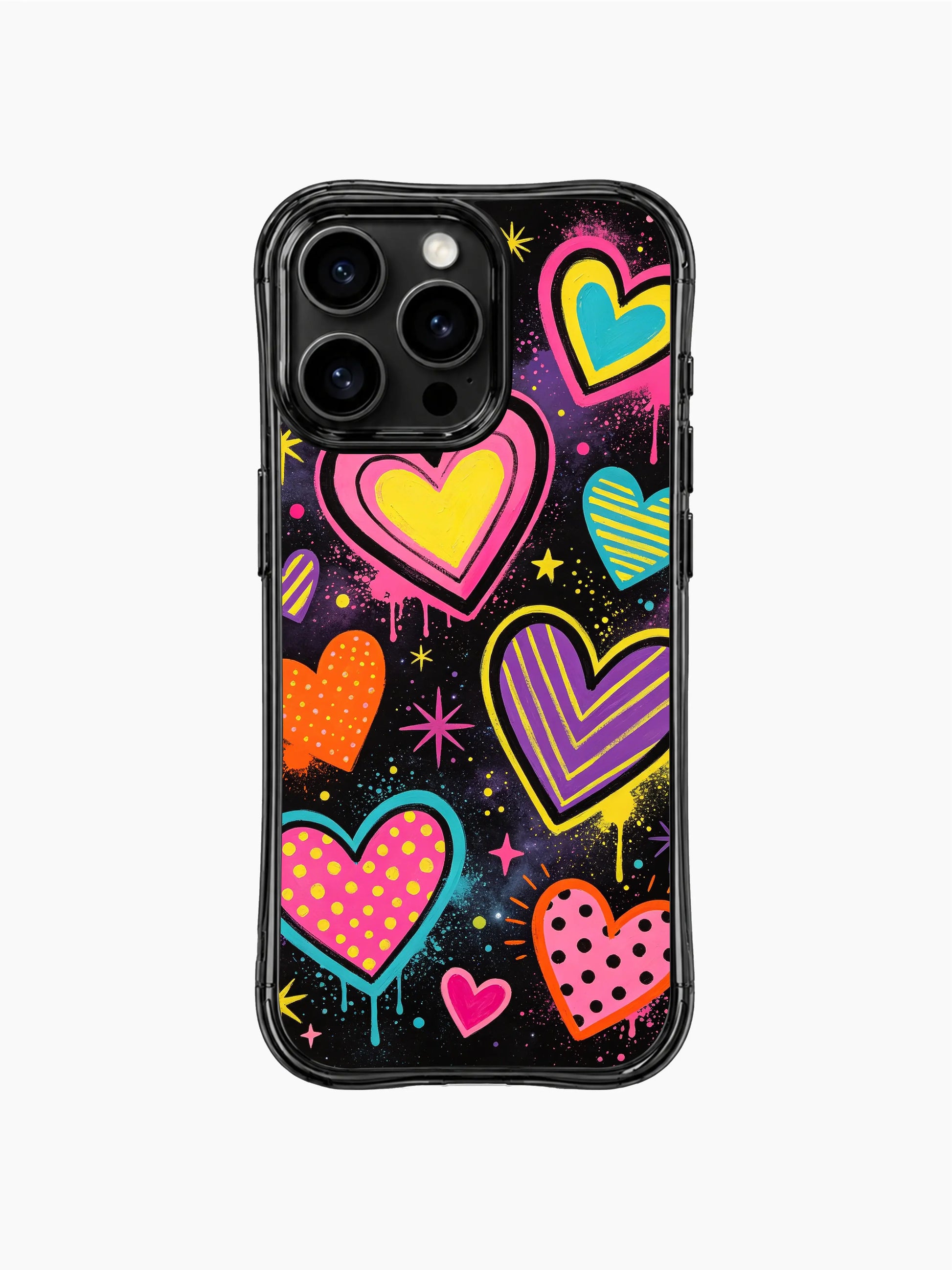 Retro 90s pop galaxy PhoneCasing iPhone 13 Pro Max cover, Nova Heartwell full Heart Pop Universe textured doodle art, bright neon crayon layered hearts, star splatter on sleek black base