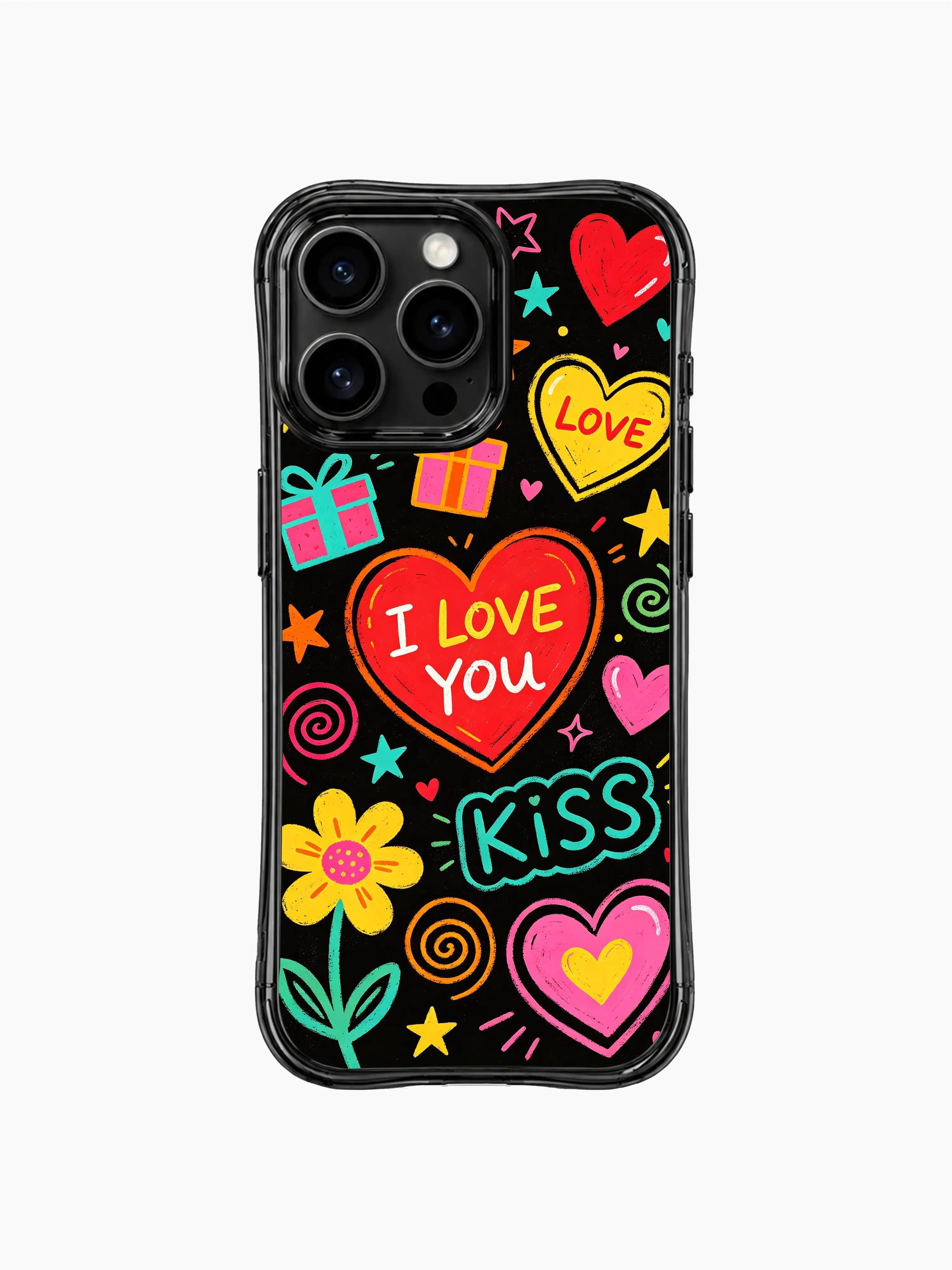 Retro 90s teen chalk poster PhoneCasing iPhone 13 Pro Max cover, Nova Heartwell full young love doodle art, multi bright crayon hearts, floral swirl and gift confetti on matte black base