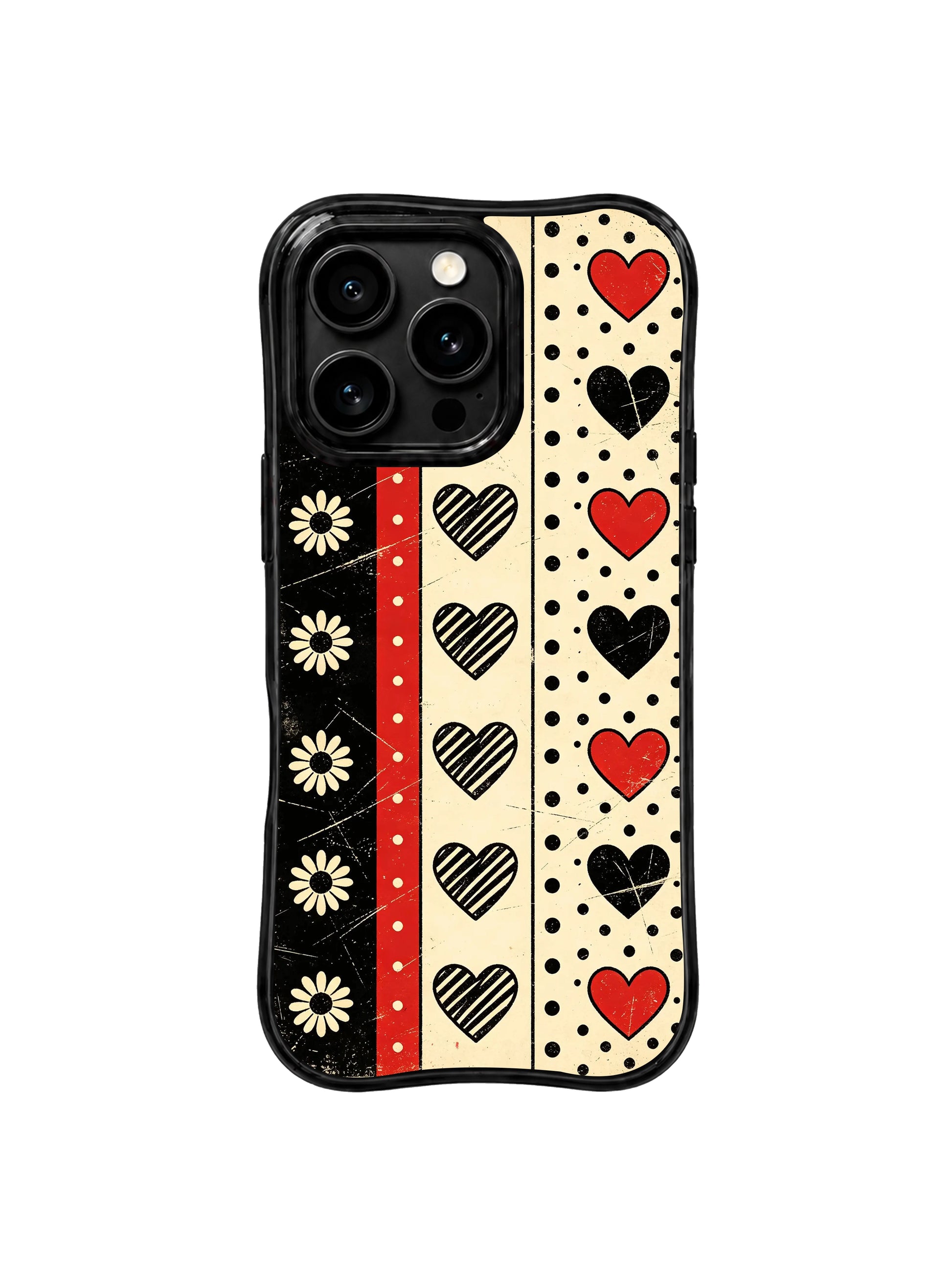 PhoneCasing iPhone 16 pro Case with full-bleed heavy scratch grain black-red-cream alternating checker stripe backdrop triple variant heart dotted band border cream daisy layout full of fierce confident dark punk retro charm, Ruby Daze signature collection, MagSafe compatible wavy black protective art casing.