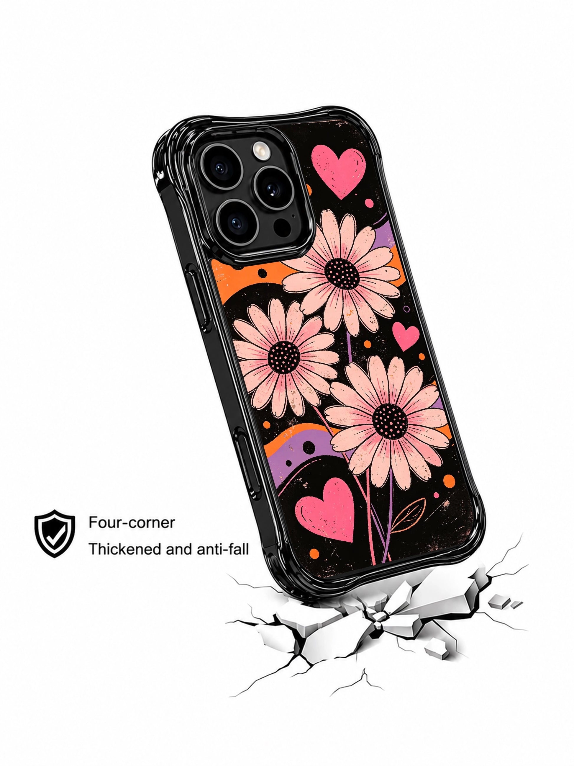 PhoneCasing iPhone 16 pro Case with moody vintage grunge fluid ribbon daisy heart dot graphics balancing delicate blush softness and gritty dark contrast, Ruby Daze hopeful dreamy sweet grunge pop art, California made wavy black phone cover.