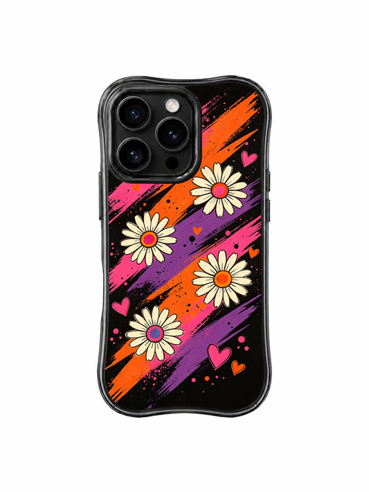 PhoneCasing iPhone 16 pro Case with striking vivid diagonal stripe daisy sketch graphics themed on bold passion and unmissable self-courage, Ruby Daze Daisy Love Riot printed wavy art casing.
