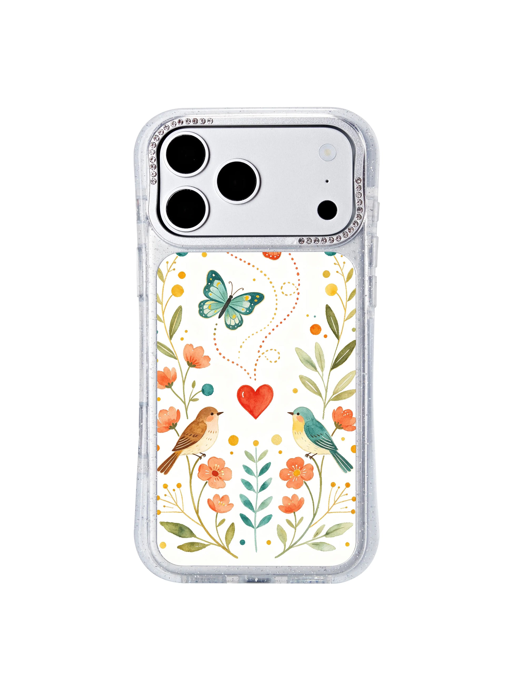 honeCasing crystal rhinestone camera rim friendly iphone 17 pro Max case with Aurelia Finch’s romantic bird butterfly garden print, fully unblocked cutouts for iphone 17 pro camera control buttons.