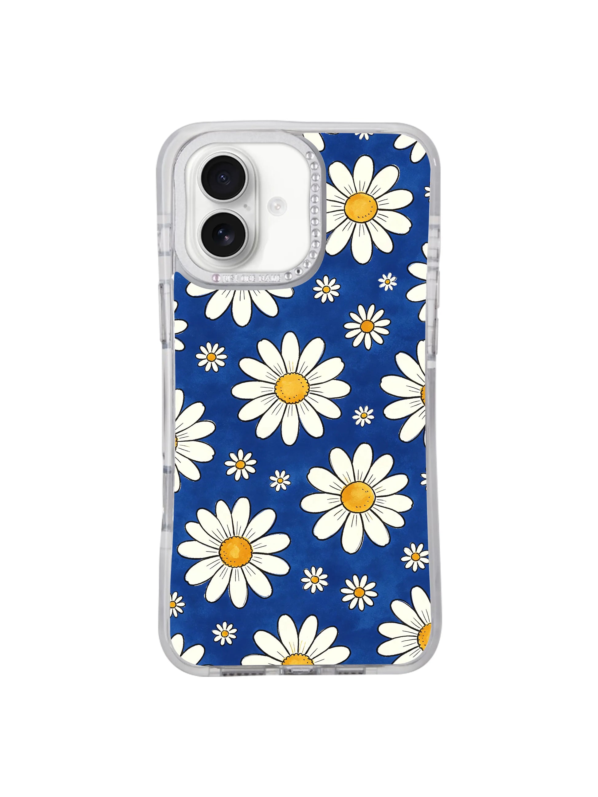 3/4 angled MagSafe compatible Blue Big Small Daisy Rhythm iPhone 17 casing, fade-resistant archival watercolor ink rhythmic daisy print durable PhoneCasing protective case for iPhone 17.