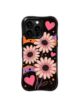 PhoneCasing iPhone 16 pro Case featuring moody worn vintage scratch grain dark grunge backdrop layered slow blended lavender orange fluid gradient ribbons and loose watercolor blush daisies with tiny hidden pink heart dot signals from Ruby Daze Soft Pink Flower Signal, wavy black frame premium art casing for iPhone 16 pro.