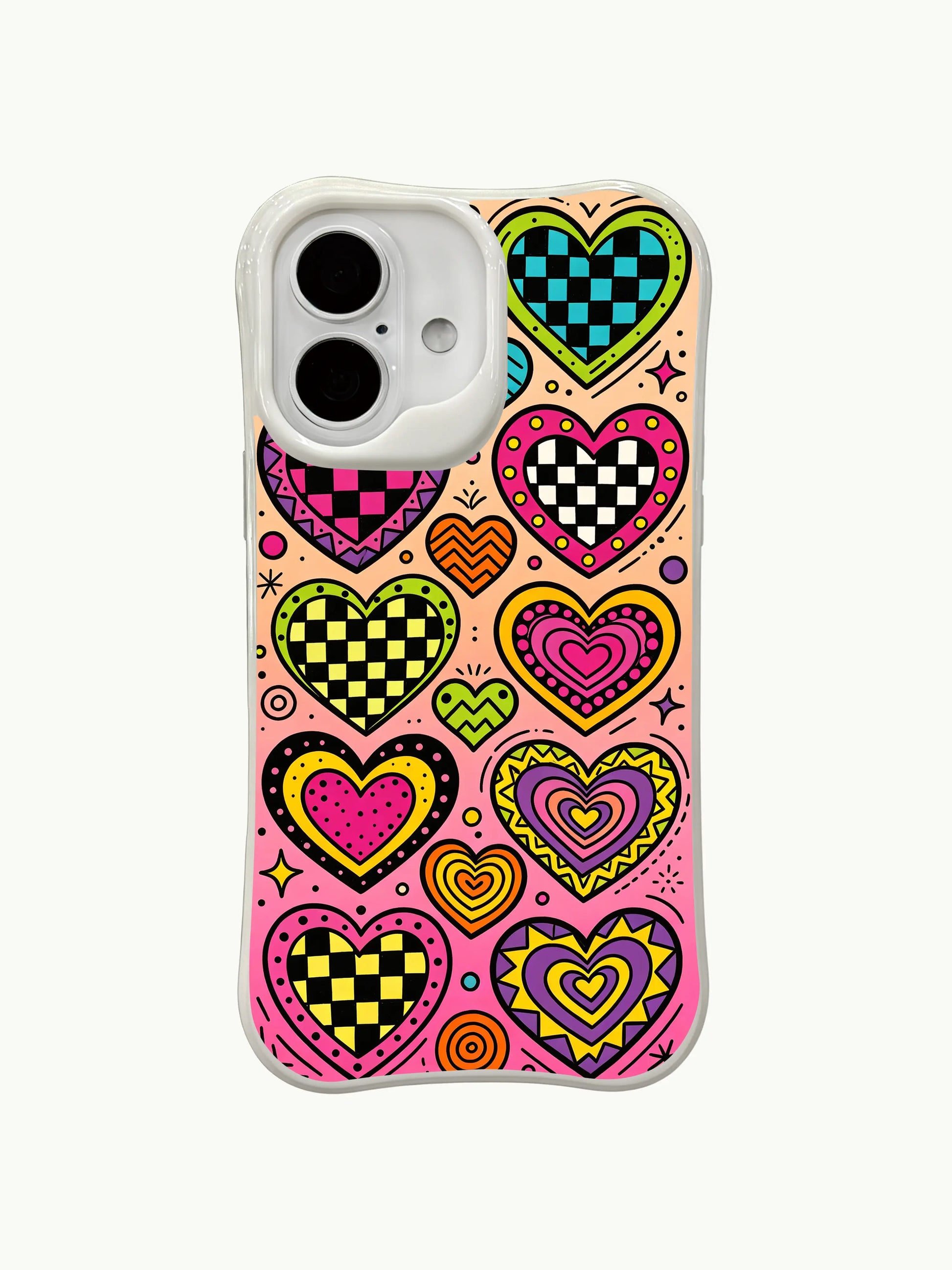  PhoneCasing Abstract Heart Mosaic Case for iPhone 16 Plus, a playful iPhone 16 plus casing with colorful doodle hearts and retro gradient background.