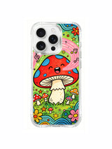 Mushroom garden with abstract pink song waves artwork on an iPhone 16 Pro Max case