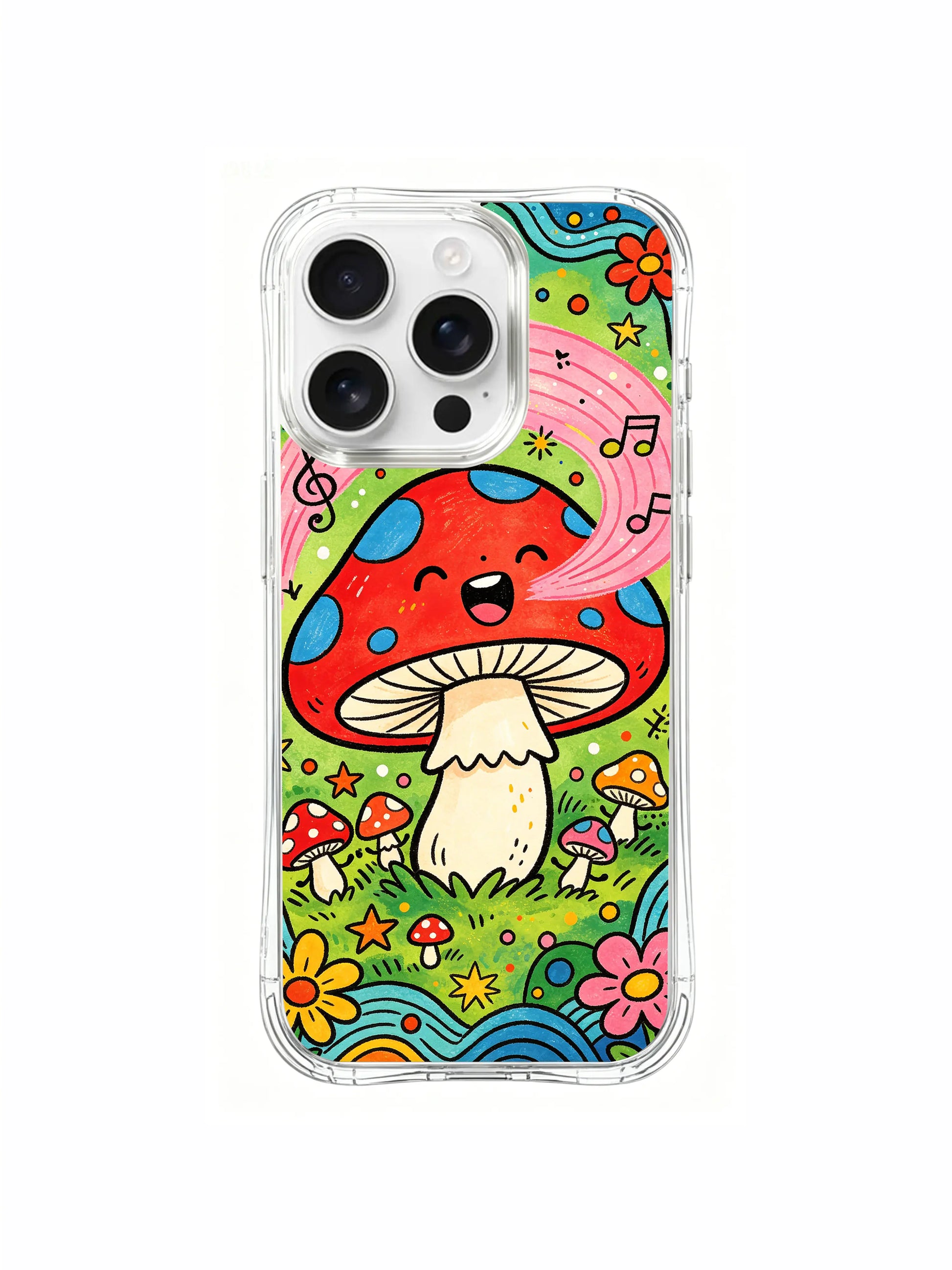 PhoneCasing iPhone 16 pro max Case, gallery-quality wearable art casing with abstract floating pink melody waves hovering above grassland singing mushroom garden, limited edition Luna Moss collab phone casing