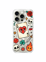 PhoneCasing iPhone 15 pro Case with spade ace crying heart, double skulls, cherry bouquet and star accents, limited-edition Ruby Blackthorn tattoo art clear iPhone 15 pro casing with free US domestic shipping.