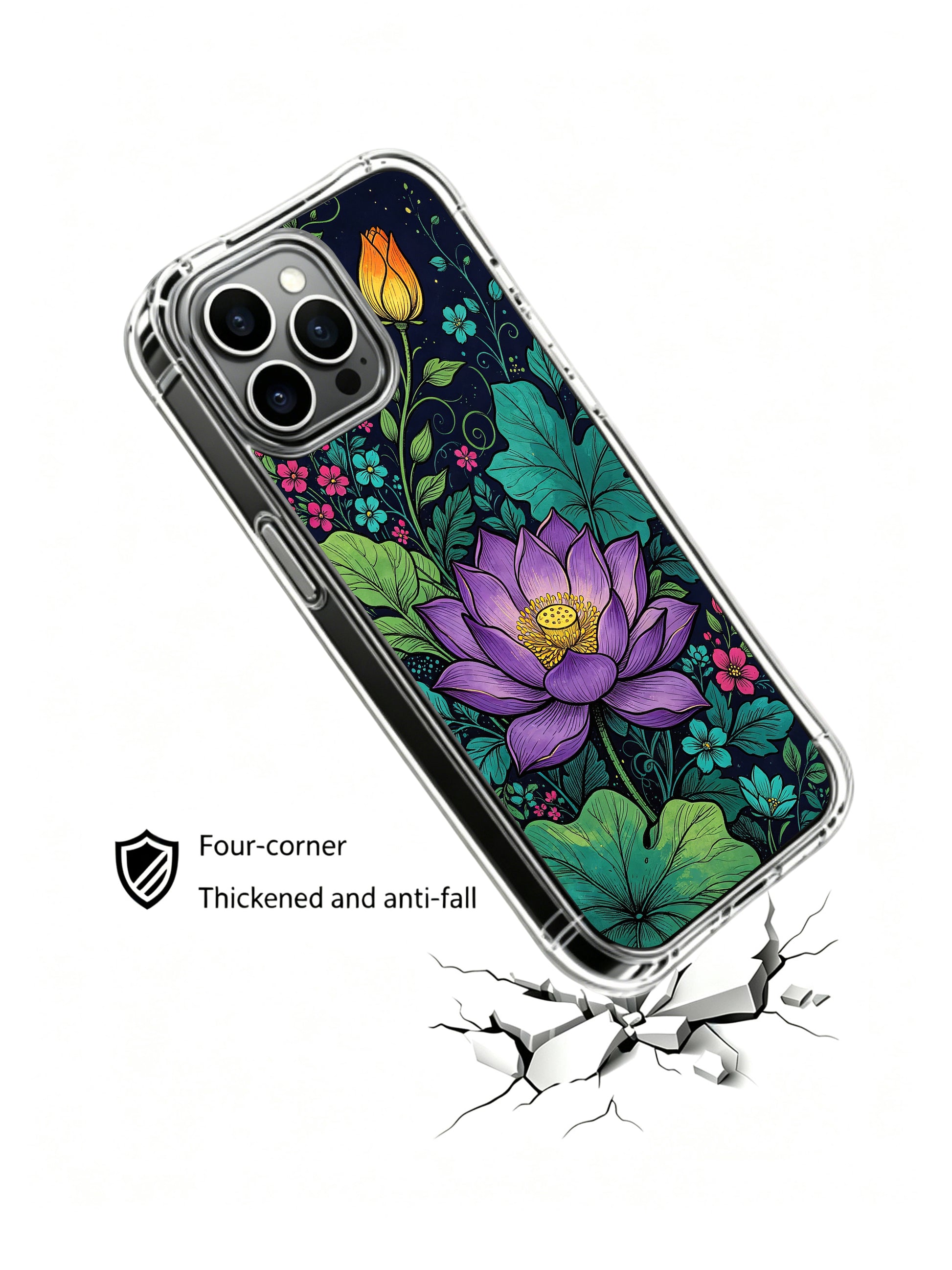 PhoneCasing iPhone 16 Pro Max Case with an aesthetic floral design featuring a large purple lotus flower. Artist-designed case from the Midnight Purple Lotus Garden collection, made in California.