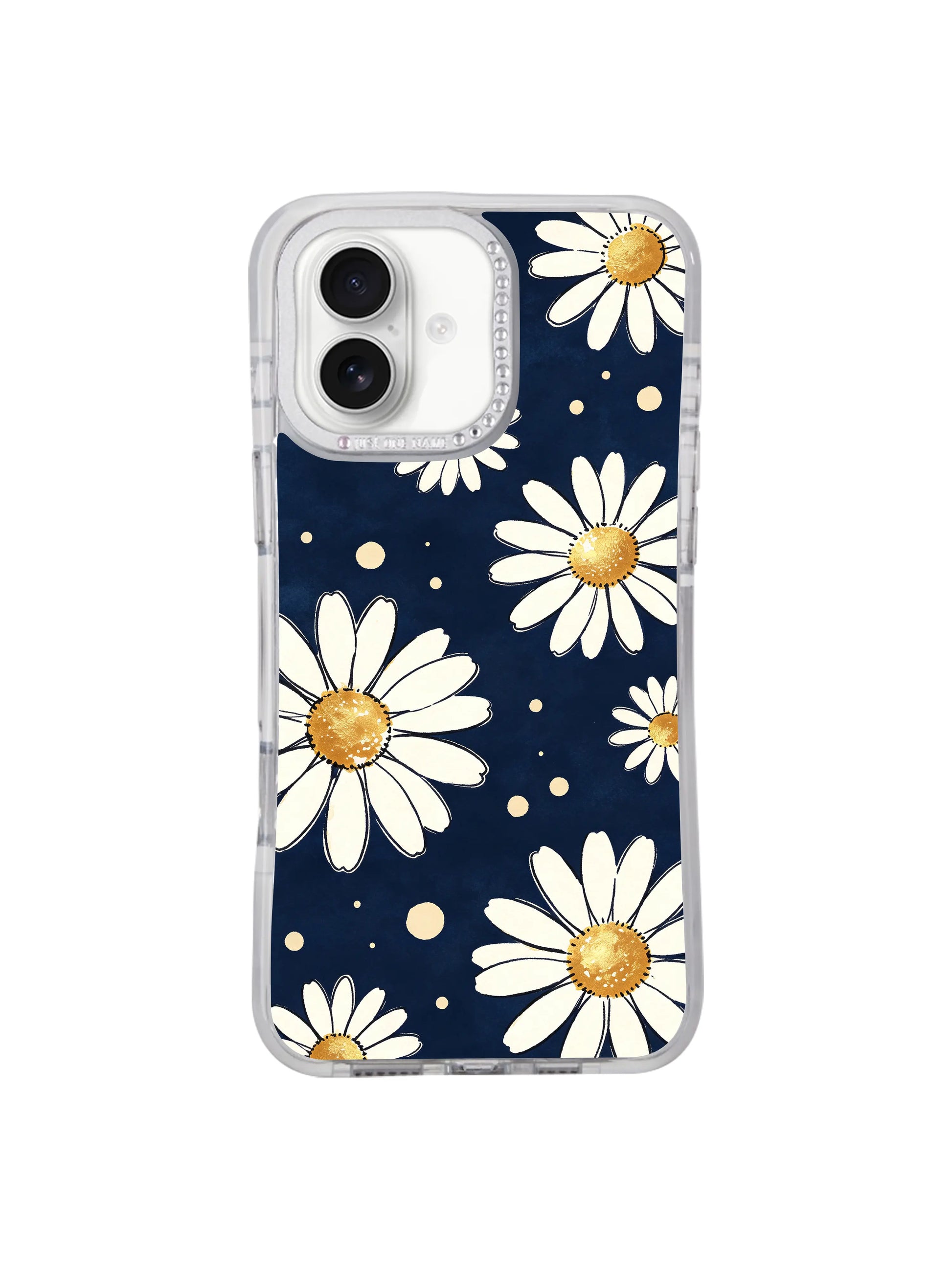 PhoneCasing high-end illustrated iPhone 17 Pro Max casing Midnight Daisy Drift by Solea Meadow, hand-sketched drifting daisies on midnight blue backdrop, fast domestic US shipping for art-loving ladies.
