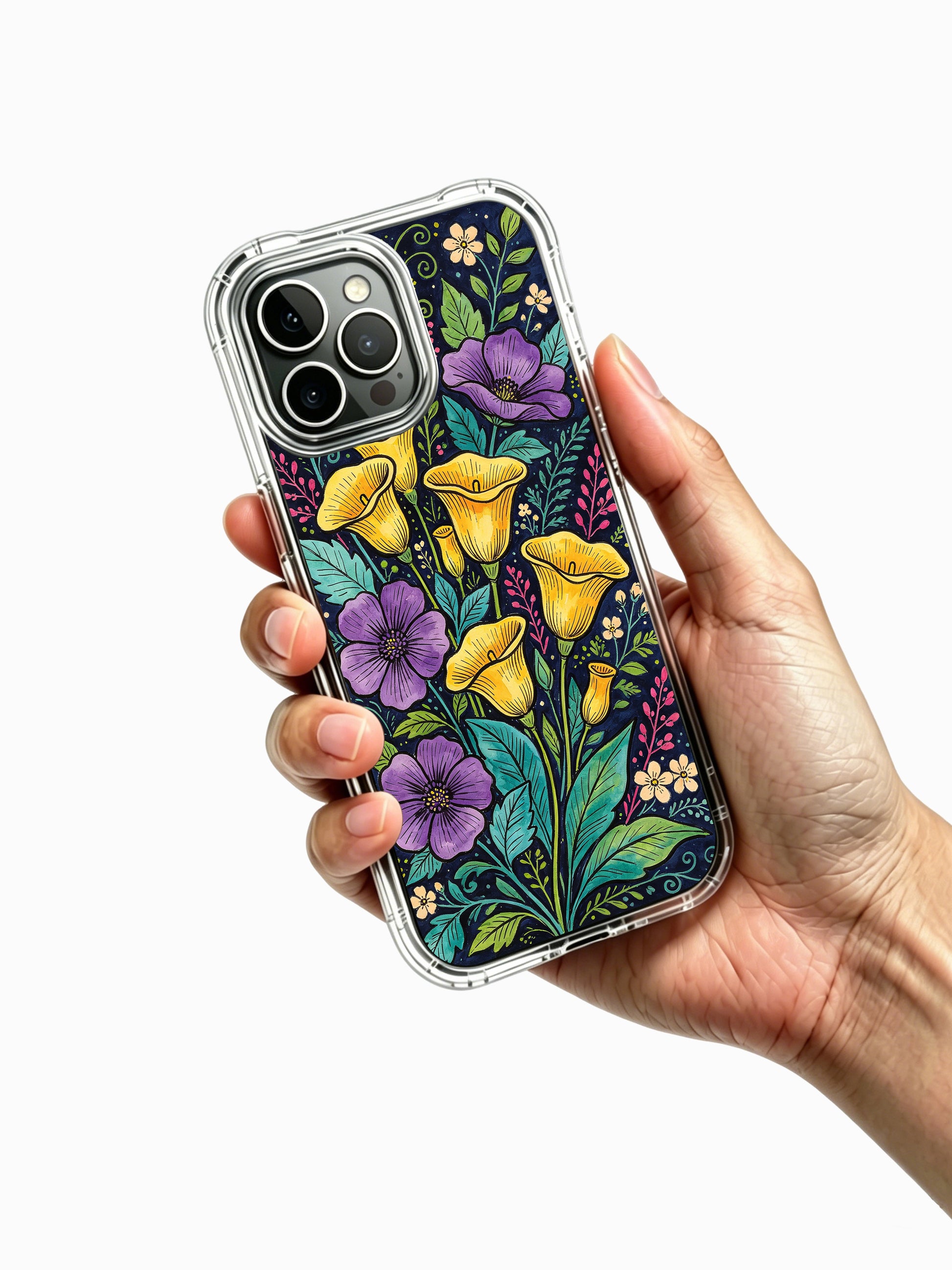 PhoneCasing iPhone 16 Pro Max Case with an aesthetic golden calla lily design. Deep blue background with colorful floral accents, slim protective case.