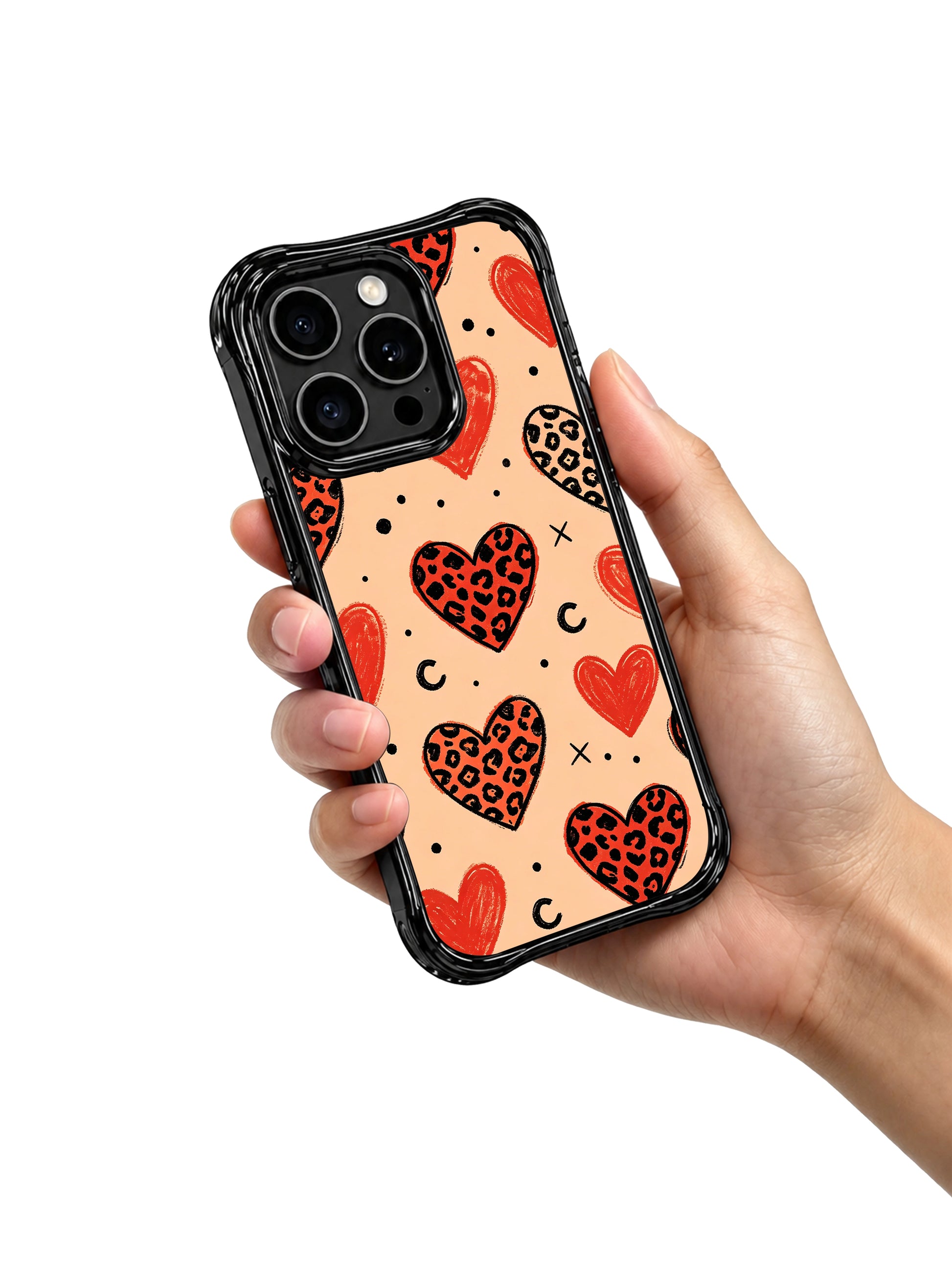 Cute aesthetic hand drawn heart iPhone 14 Pro Case by PhoneCasing, imperfect sketch-style red hearts paired with leopard print, sweet yet edgy statement casing for creative women