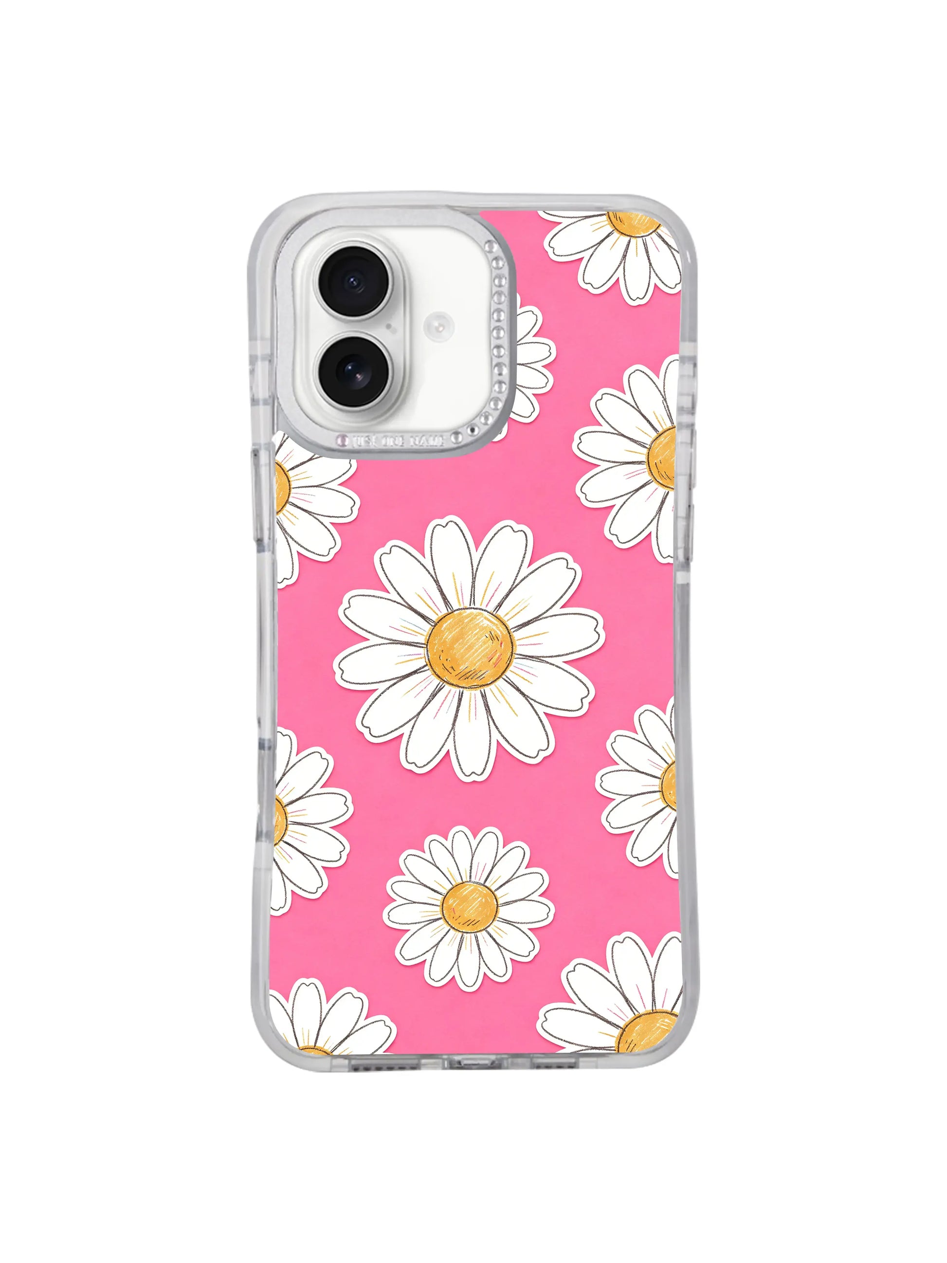 PhoneCasing high-end illustrated iPhone 17 Pro Max casing Pink Joy Daisy Field by Solea Meadow, organic hand-doodled daisy blooms on bright pink backdrop, fast domestic US shipping for art-loving young ladies.