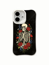 PhoneCasing Afterlife Bloom morbid botanical iPhone 16 Case, exclusive Morrigan Vale art with calm skeleton framed by rich red, white & blue seasonal blooms, UV-printed custom printed protective iPhone 16 cover