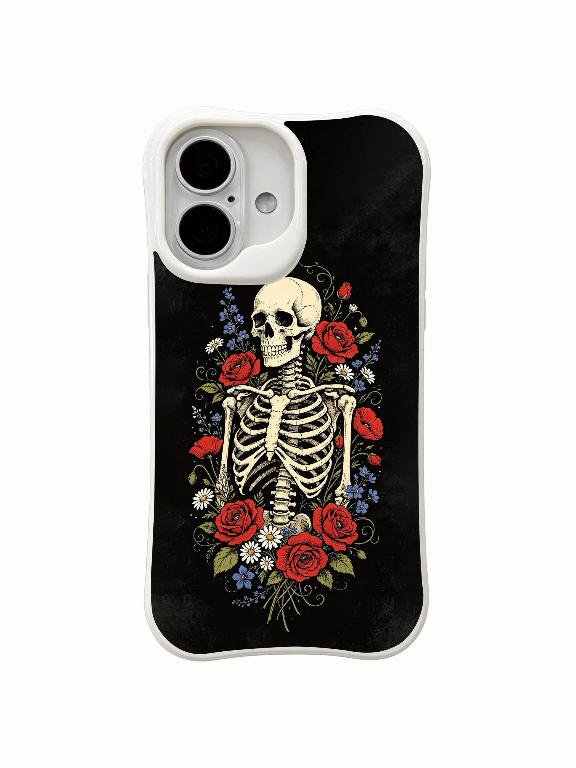 PhoneCasing Afterlife Bloom morbid botanical iPhone 16 Case, exclusive Morrigan Vale art with calm skeleton framed by rich red, white & blue seasonal blooms, fade proof custom printed protective iPhone 16 cover