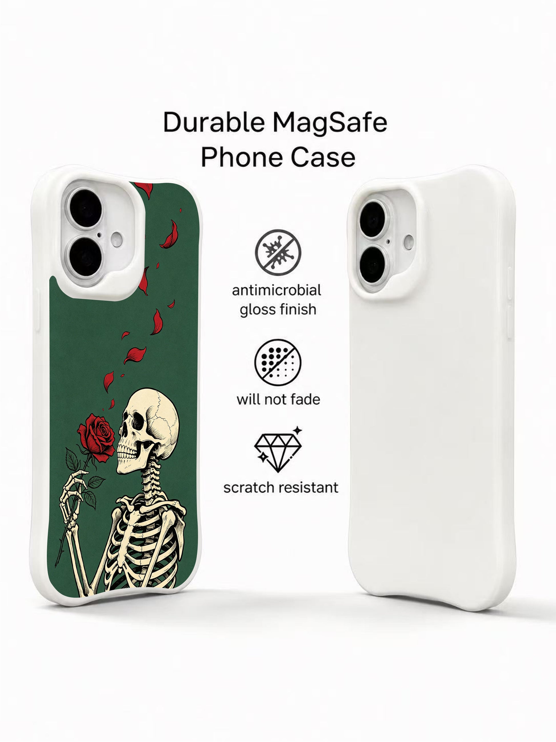 PhoneCasing Afterlove Whisper goth skeleton iPhone 16 Case, vintage tattoo style red rose artwork on forest green base, fade resistant anti-drop protective iPhone 16 cover