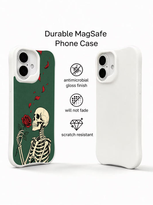PhoneCasing Afterlove Whisper goth skeleton iPhone 16 Case, vintage tattoo style red rose artwork on forest green base, fade resistant anti-drop protective iPhone 16 cover