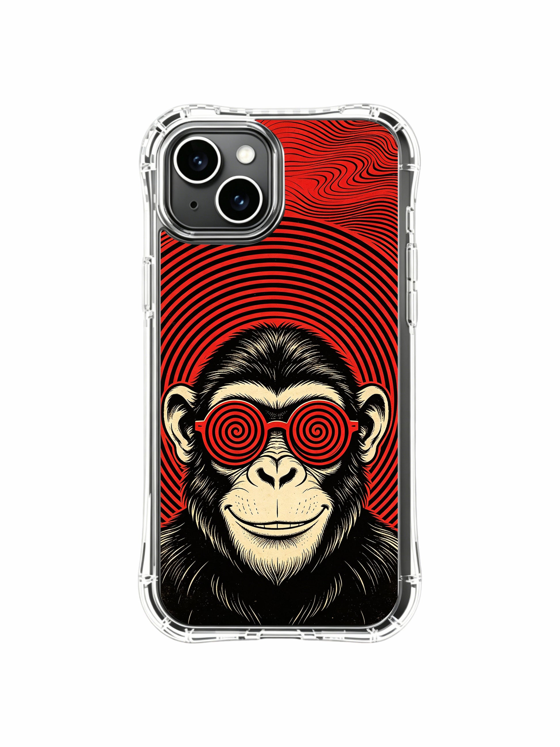 Museum-grade wearable gallery art of retro red spiral glass prankster chimp on PhoneCasing iPhone 13 Case, exclusive designer accessory to enrich women’s premium art phone collection.