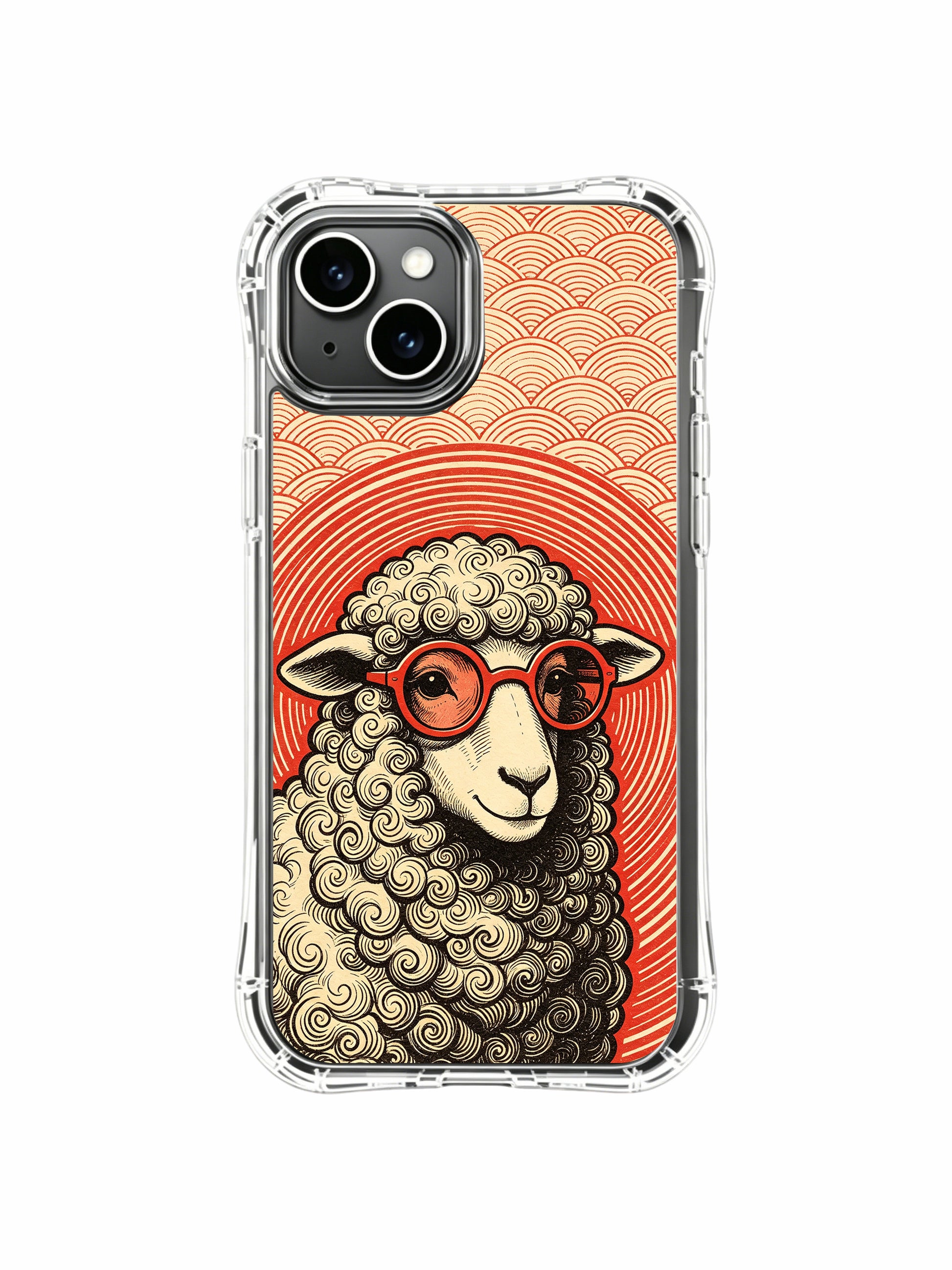 Aged vintage kraft grain textured red wave sheep art decorates PhoneCasing iPhone 13 Case, officially licensed scratch-proof collectible phone casing locally produced in California.
