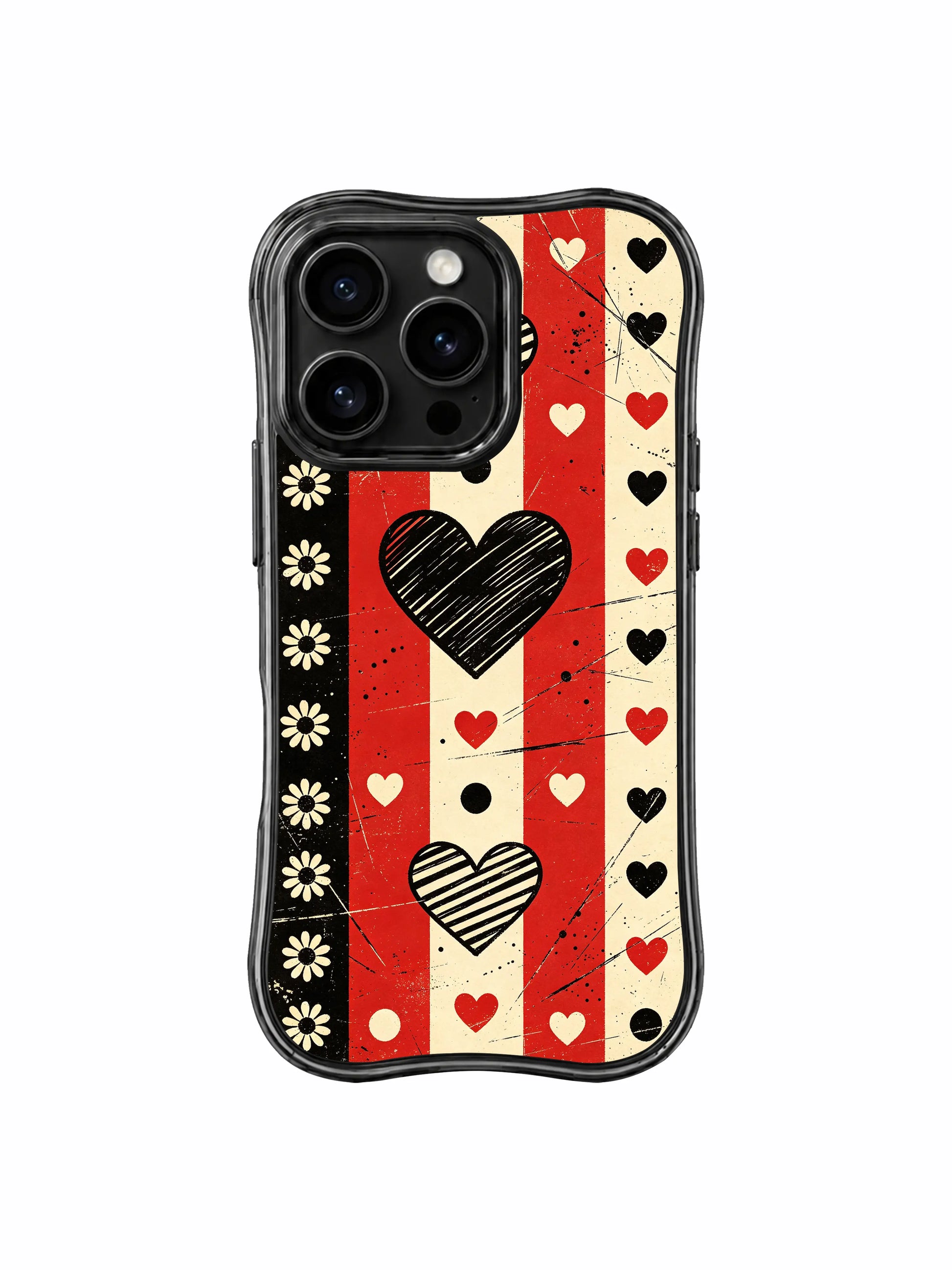 PhoneCasing iPhone 16 pro Case with full-bleed heavy scratch grain black-red-cream alternating checker stripe backdrop triple variant heart dotted band border cream daisy layout full of fierce confident dark punk retro charm, Ruby Daze signature collection, MagSafe compatible wavy black protective art casing.