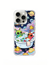 PhoneCasing iPhone 16 Pro Case with little alien friends in bubble bath art, playful Milo Yun design, premium stylish phone casing for women.