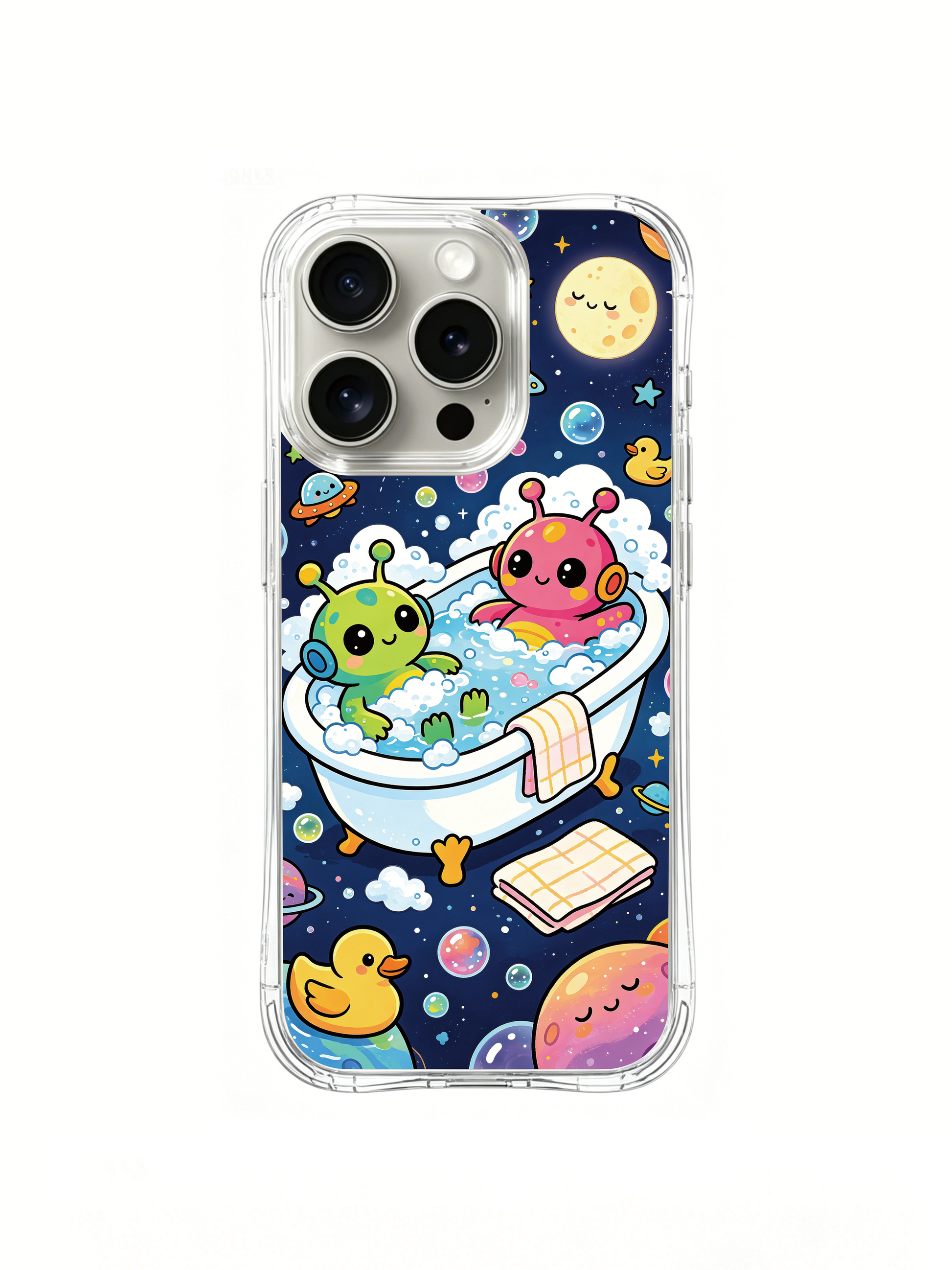 PhoneCasing iPhone 16 Pro Case with alien bath and star bubbles illustration, part of Milo Yun’s Happy Little Worlds collection, premium art casing.