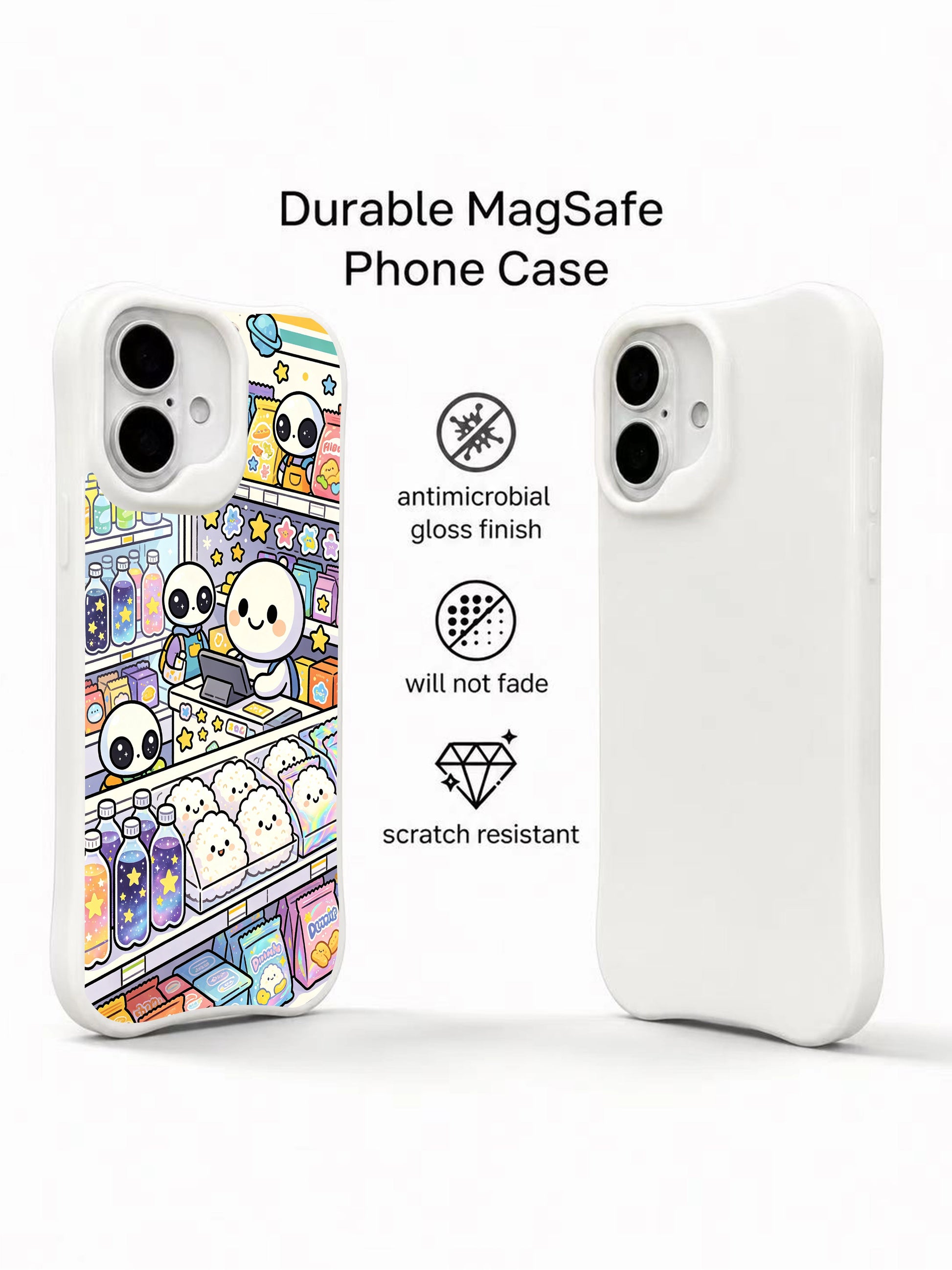 PhoneCasing alien convenience store iPhone 16 Plus Case, full-cover illustration from Milo Yun’s collection, locally made in California.