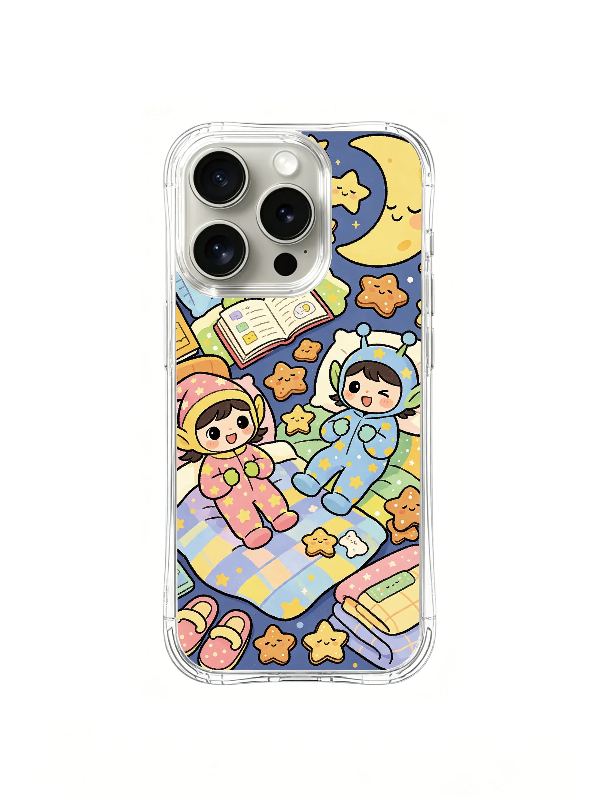 PhoneCasing iPhone 16 pro Case with the joyful bedtime scene from Alien Pajama Party, exclusive Milo Yun design, premium wearable art casing