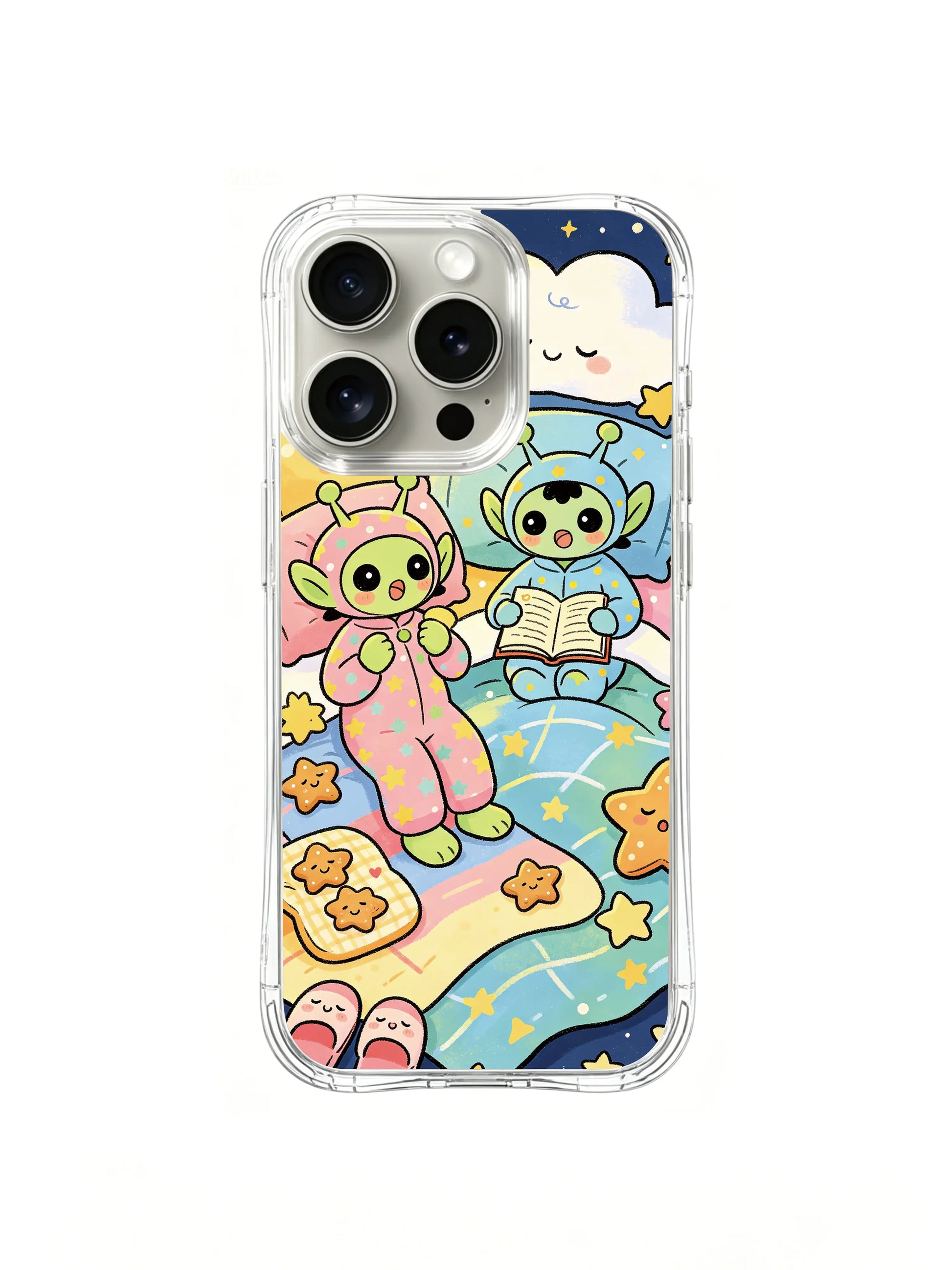 PhoneCasing iPhone 16 pro Case with alien kids eating star cookies at their pajama party, exclusive Milo Yun design, premium art case for iPhone 16 pro.
