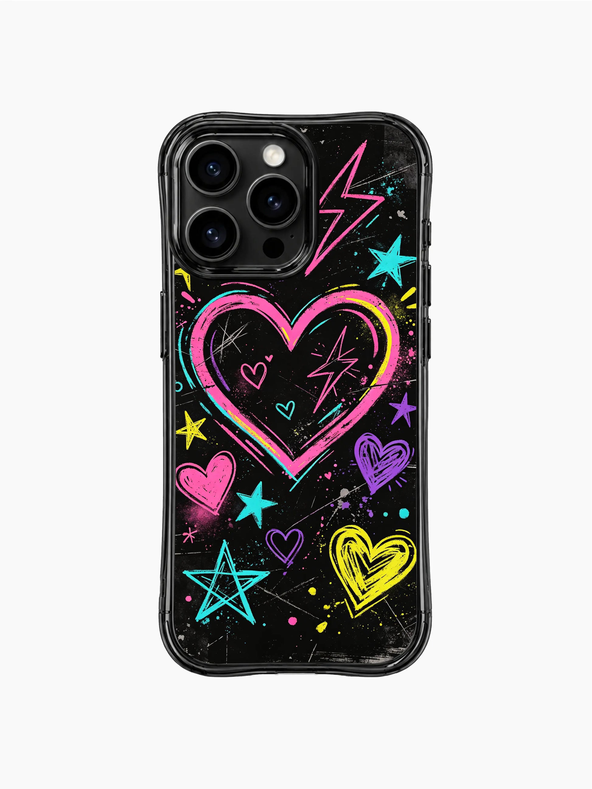 Unique PhoneCasing iPhone 13 Pro Max case for non-cutesy style lovers, rough rebel heart crayon doodles, multi neon star scribble and spray noise texture