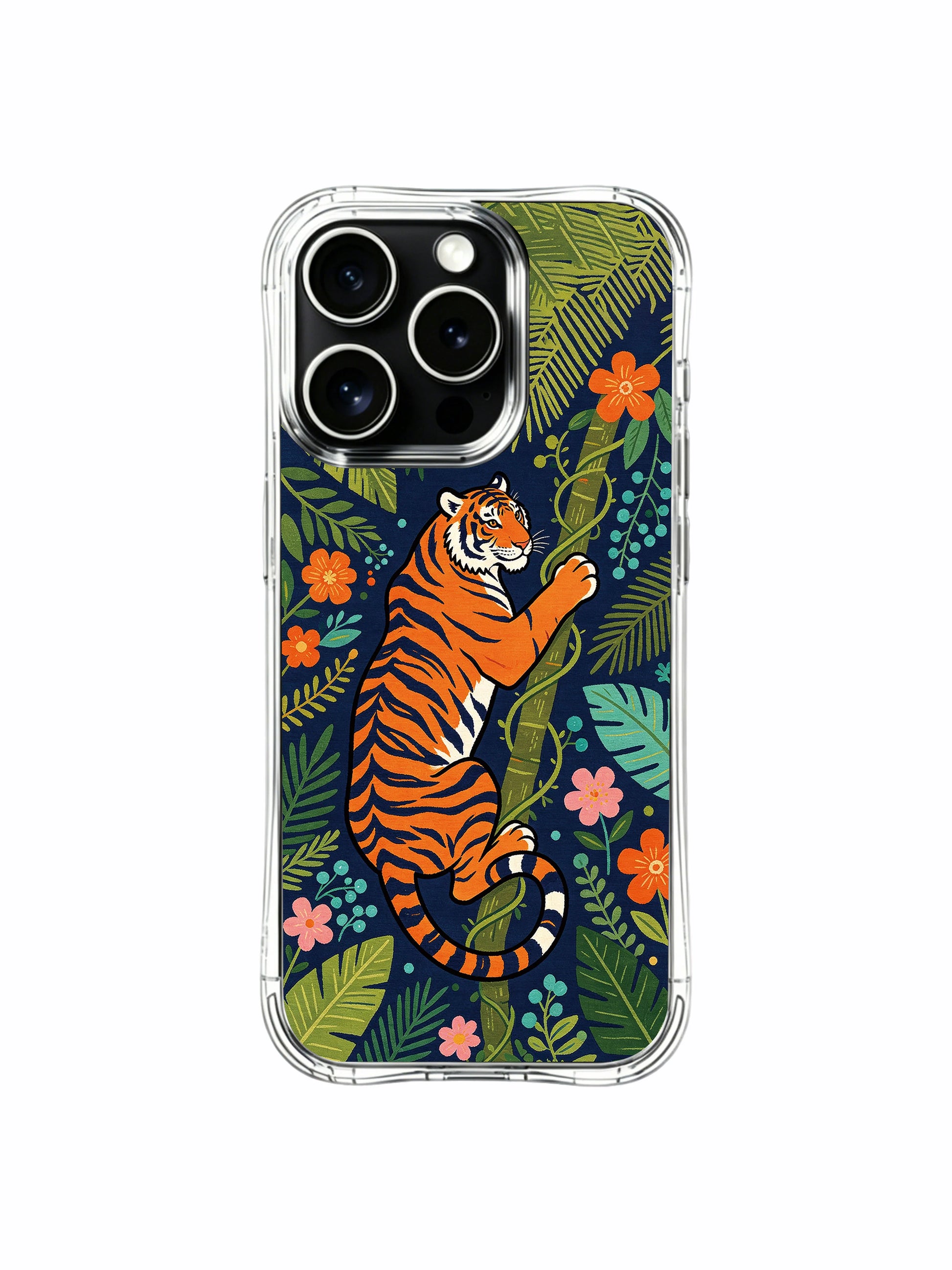 USA crafted tropical climbing tiger iPhone 13 pro Case from PhoneCasing, shock absorbent iPhone 13 pro casing with blooming jungle flower print, premium designer phone cover.
