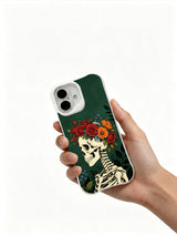 PhoneCasing Ancient Wood Wake goth iPhone 16 Case, dark academia profile skeleton illustration adorned with lush wildflower crown, four-corner anti-drop reinforced casing USA-manufactured