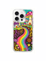 Arched rainbow cave and mycelium highway artwork on an iPhone 16 Pro Max case