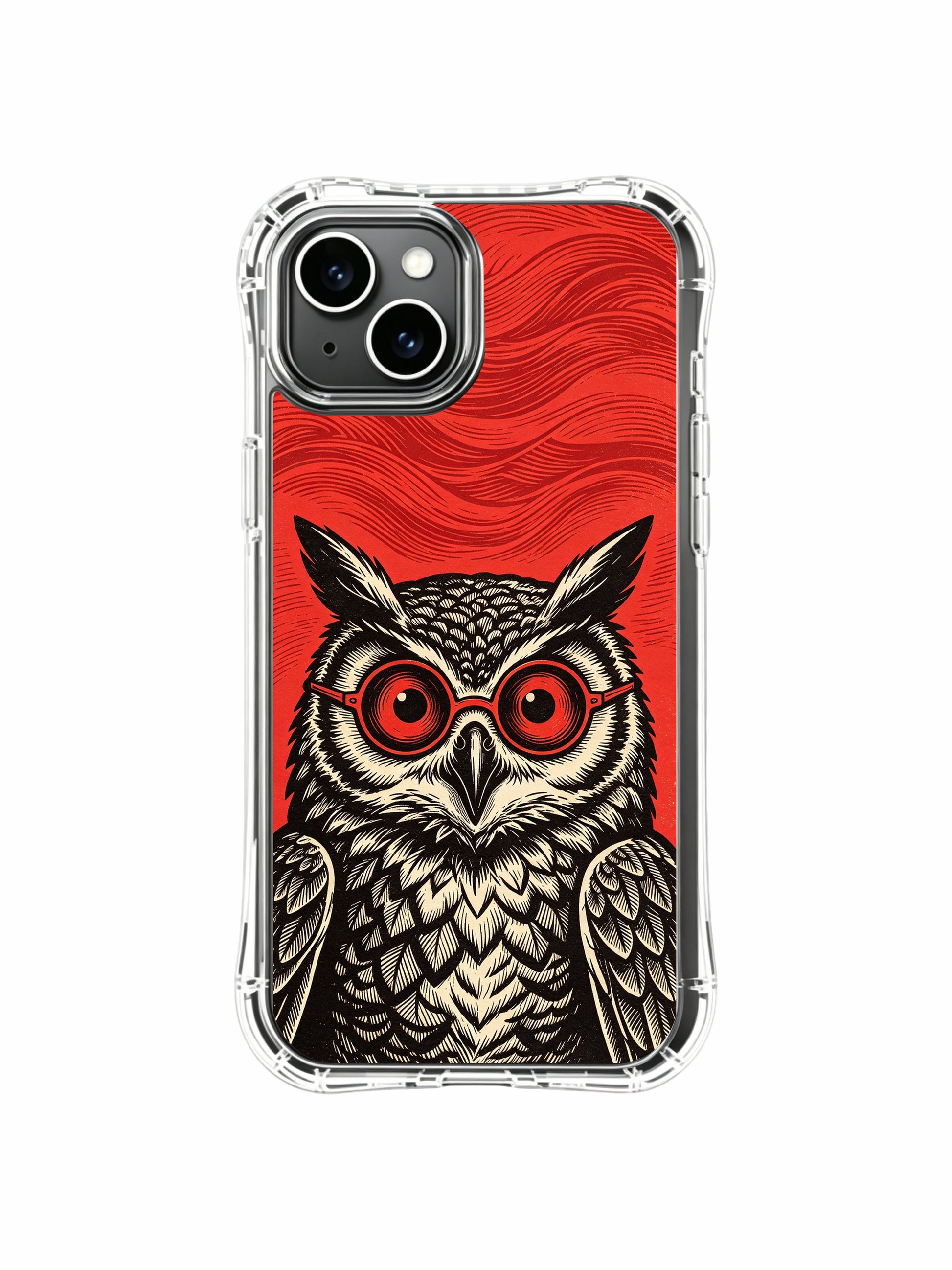 Night & dream philosophy bespoke fine art red lens map-feather owl design by Rufus Vale on PhoneCasing iPhone 13 Case, exclusive limited-run art phone casing shipped directly from California.