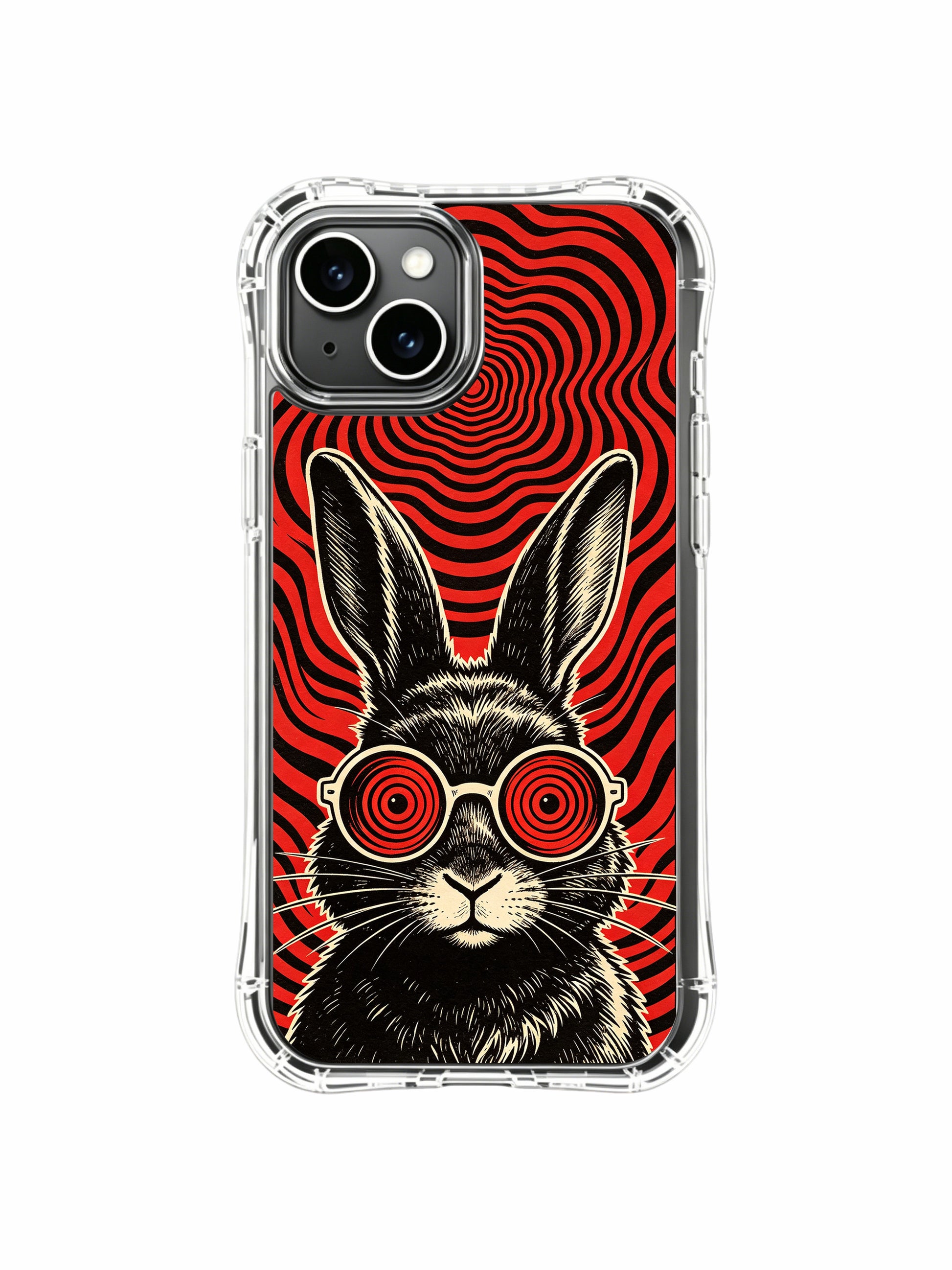Radio signal themed bespoke fine art red lens black rabbit design by Rufus Vale on PhoneCasing iPhone 13 Case, exclusive limited-run art phone casing shipped directly from California.