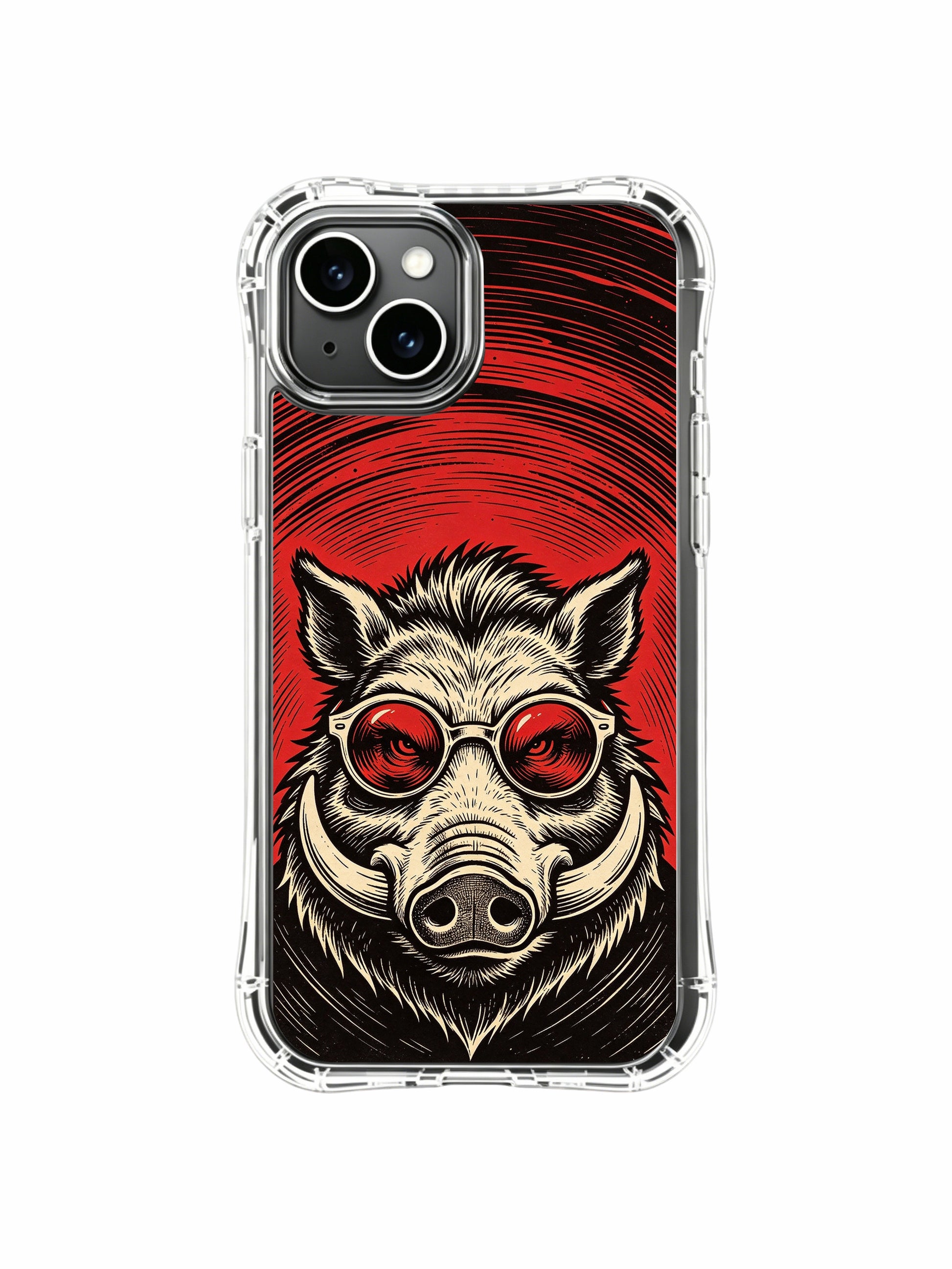 Underground rock philosophy bespoke fine art red lens tough boar design by Rufus Vale on PhoneCasing iPhone 13 Case, exclusive limited-run art phone casing shipped directly from California.
