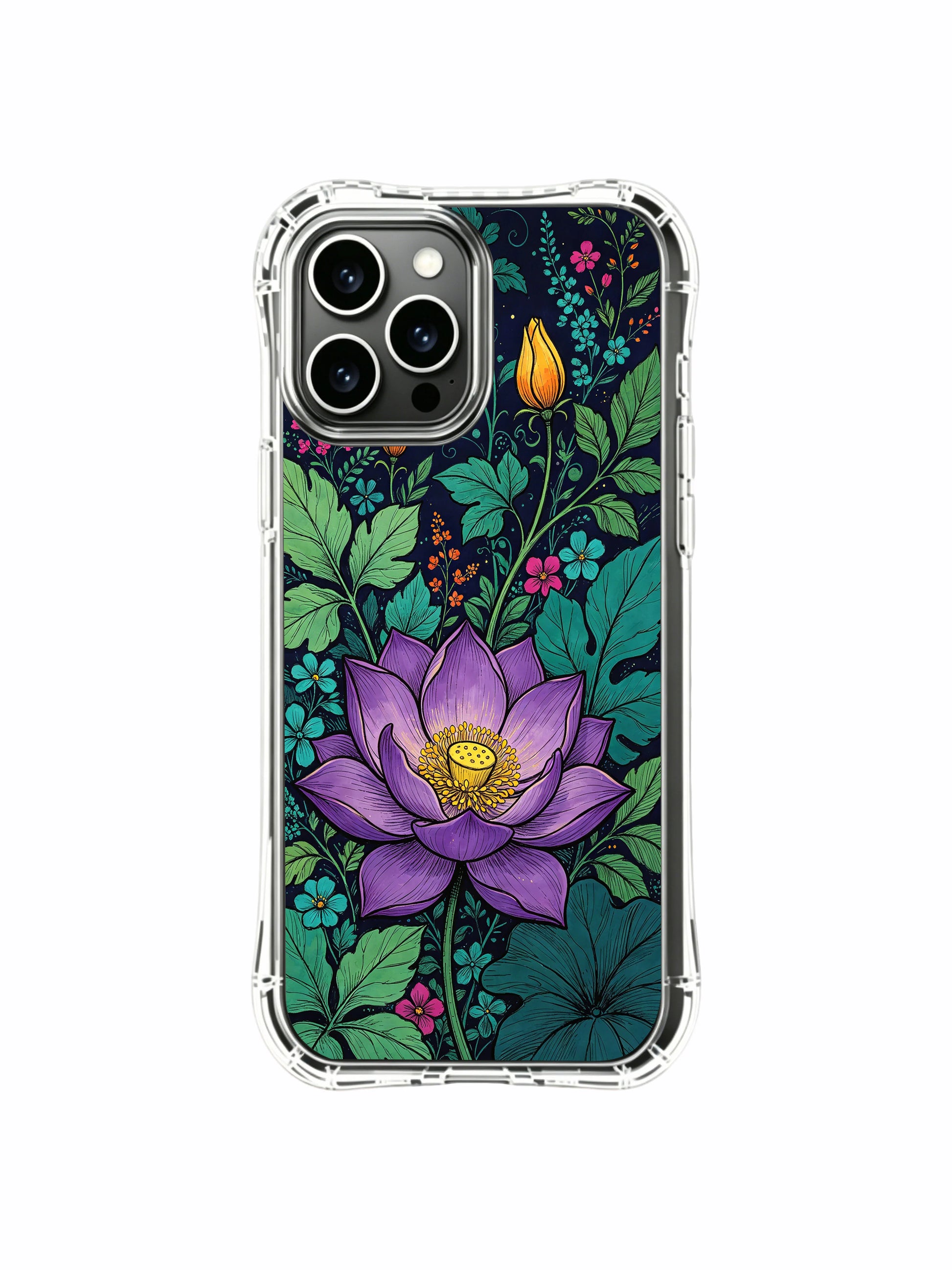 PhoneCasing iPhone 16 Pro Max Case with premium art print from the Midnight Purple Lotus Garden. Elias Nocturne’s dark floral illustration, protective case with unique style.