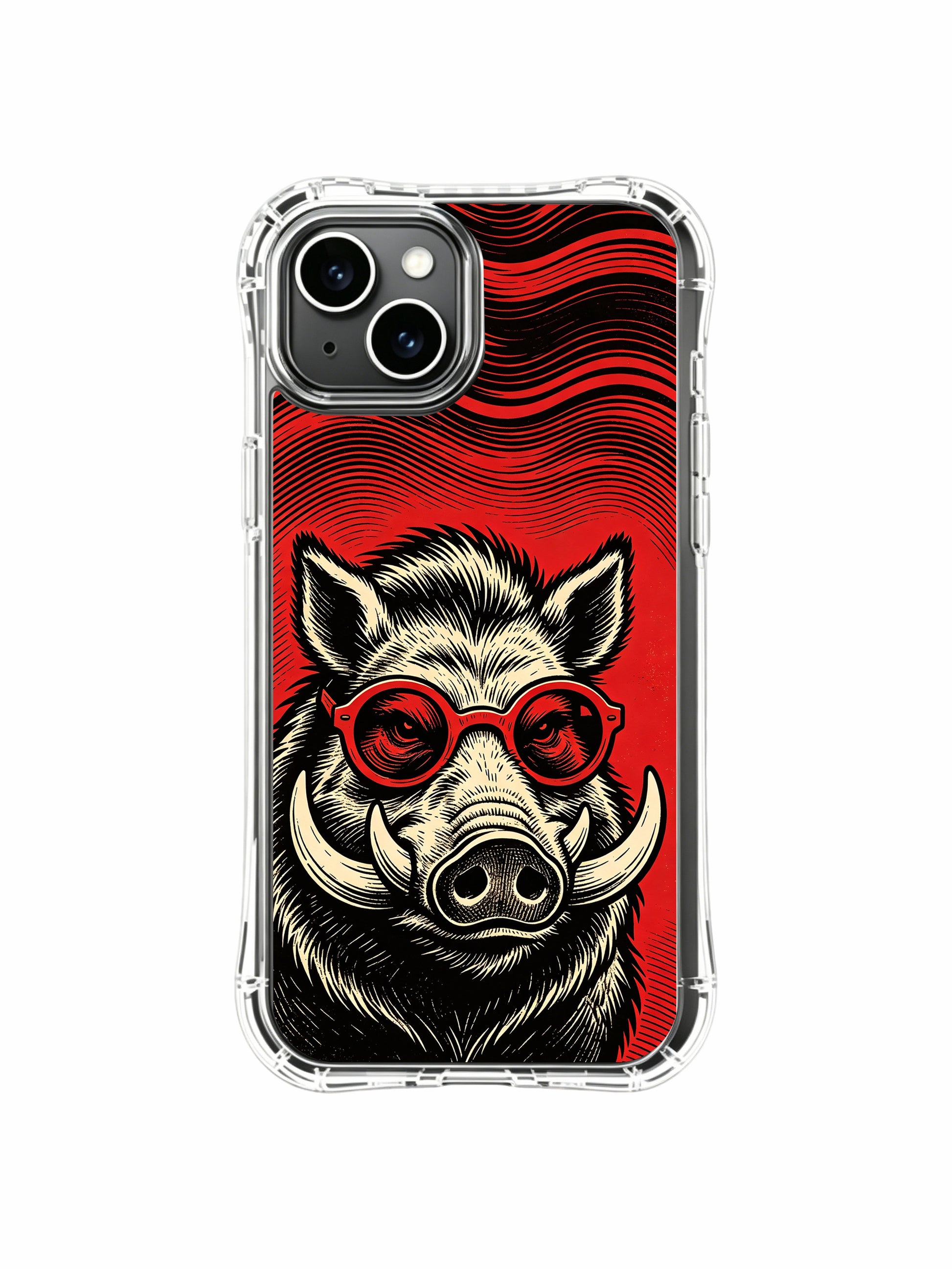 Artisan gallery printed limited red swirling lens punk boar fine art PhoneCasing iPhone 13 Case, global illustrator collab premium art cover as refined birthday gift for art & rock enthusiasts.