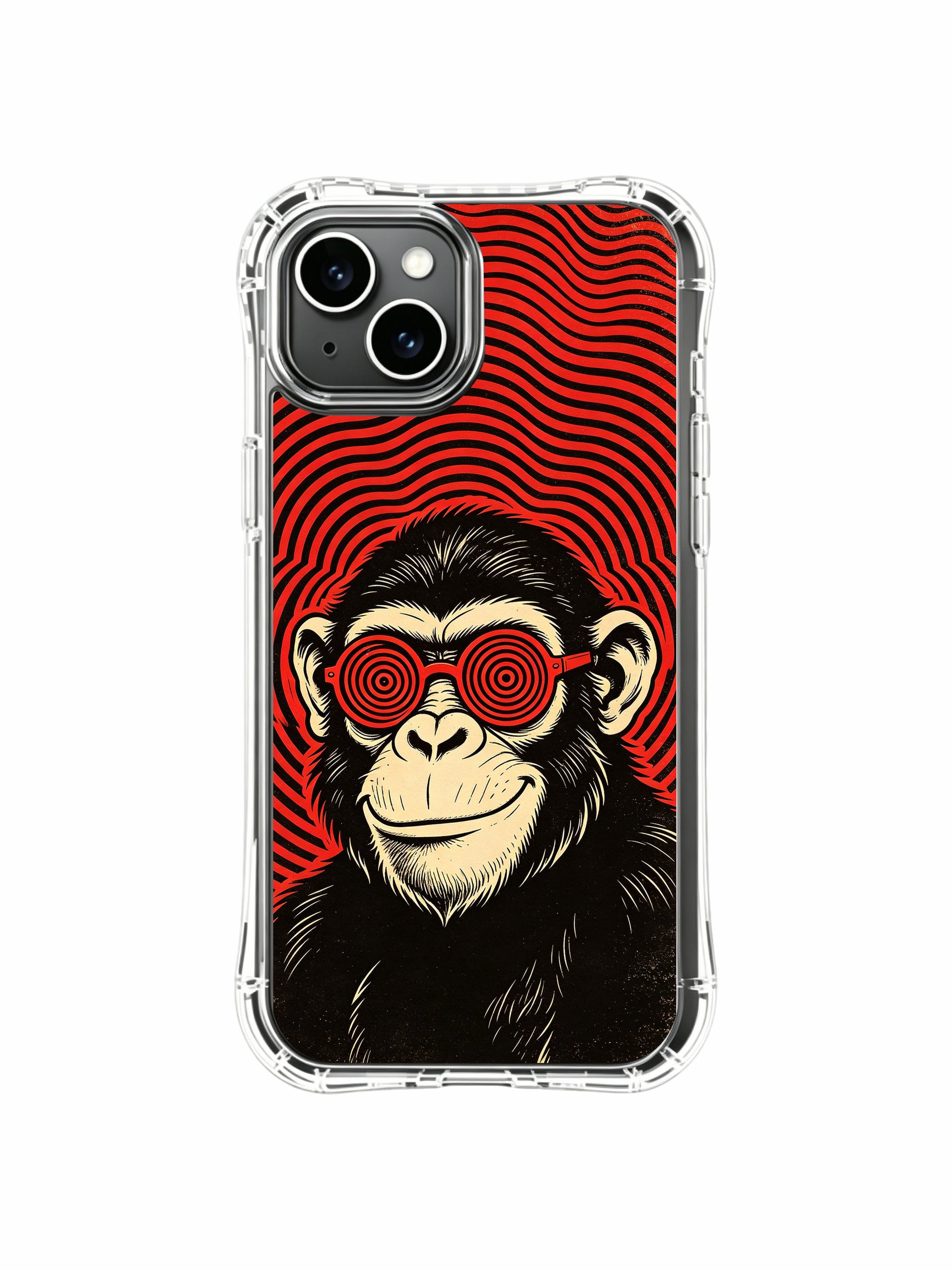 Artisan gallery printed limited red spiral glass mischief chimp fine art PhoneCasing iPhone 13 Case, global artist collab premium cover as refined birthday gift for psychedelic poster devotees.