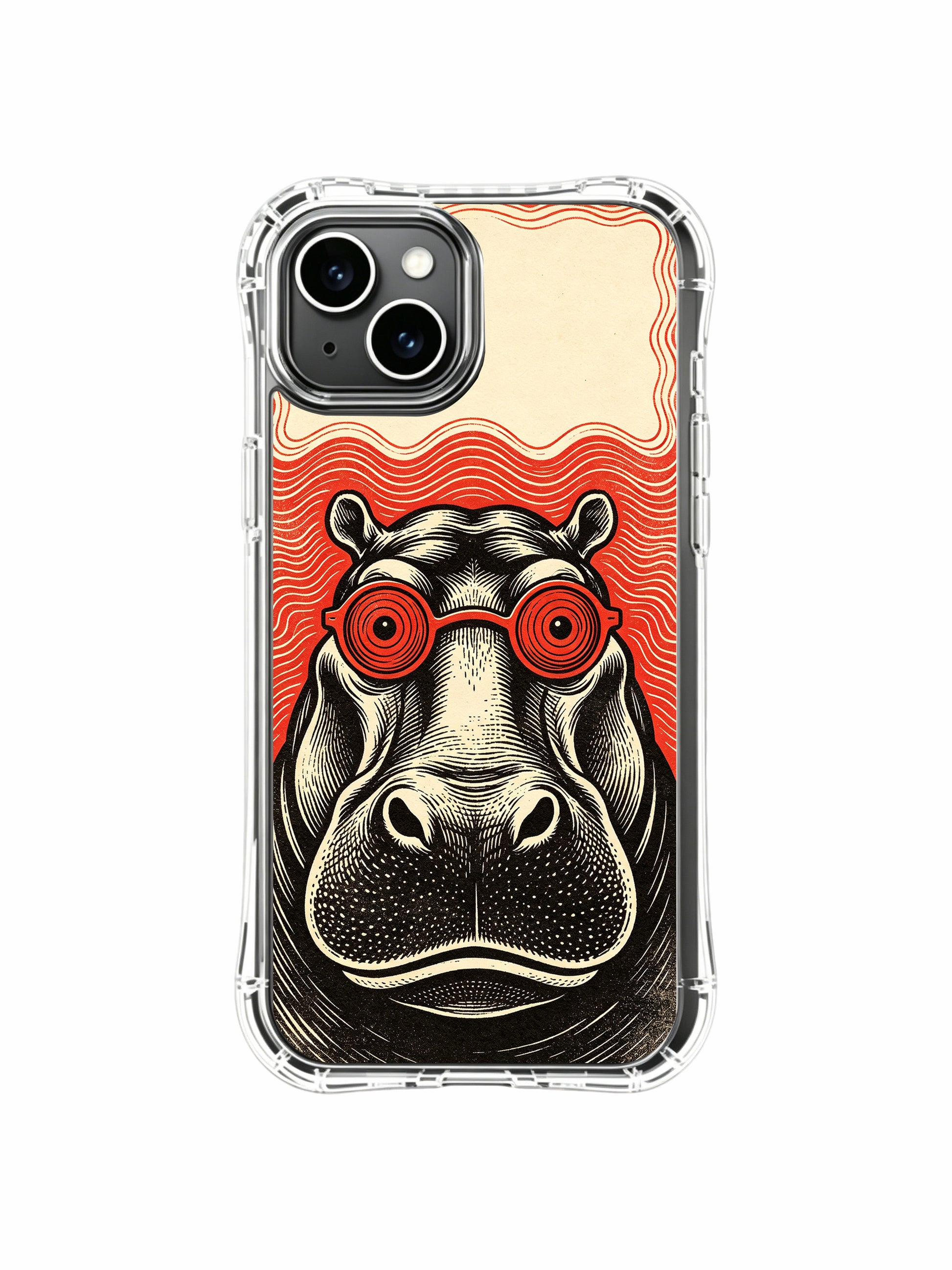 Artisan gallery printed limited red spiral glass calm hippo fine art PhoneCasing iPhone 13 Case, global artist collab premium cover as refined birthday gift for psychedelic poster devotees.