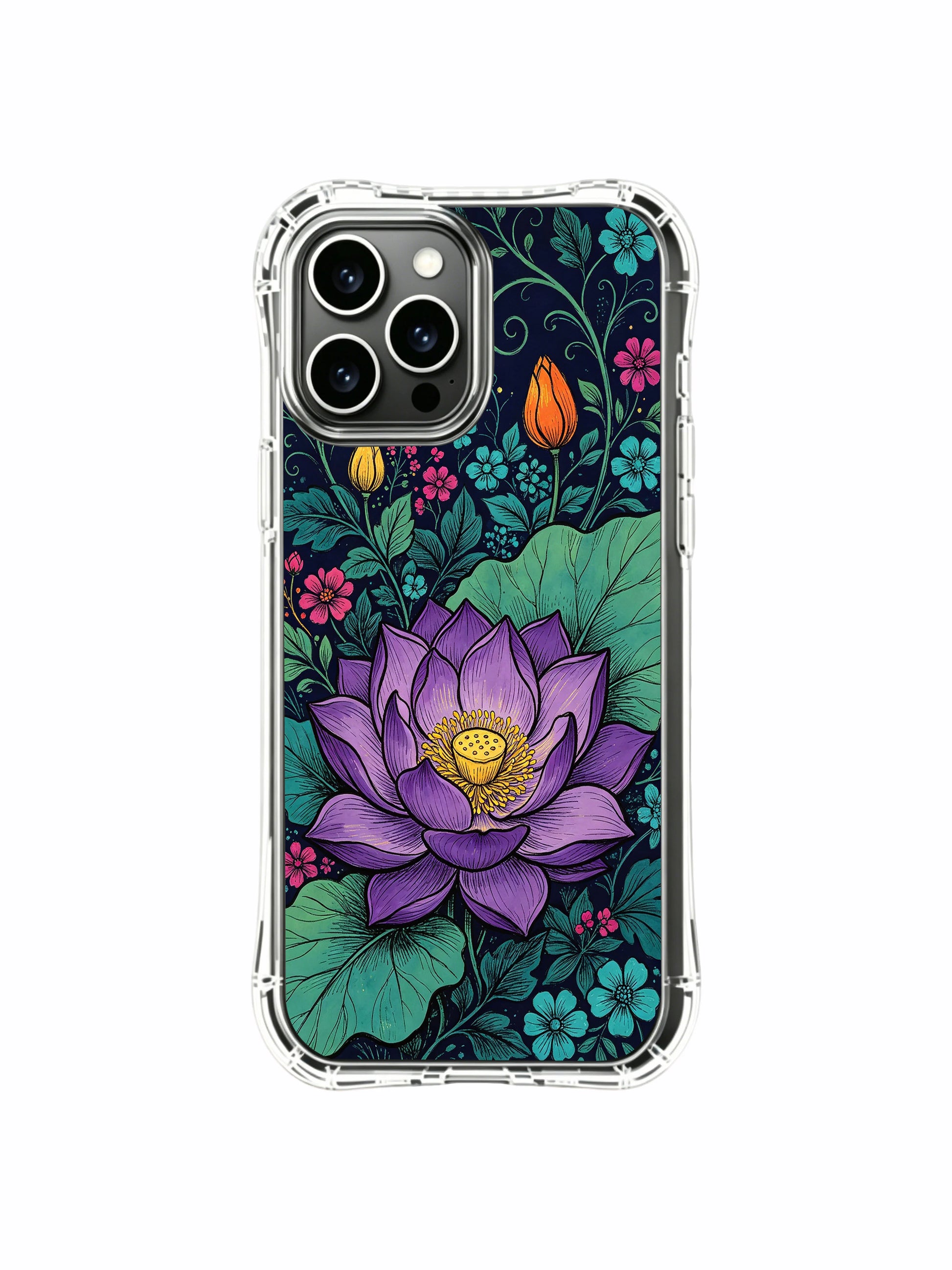 PhoneCasing iPhone 16 Pro Max Case artist-designed by Elias Nocturne. Vibrant purple lotus and midnight garden print, premium protective case for iPhone 16 Pro Max.