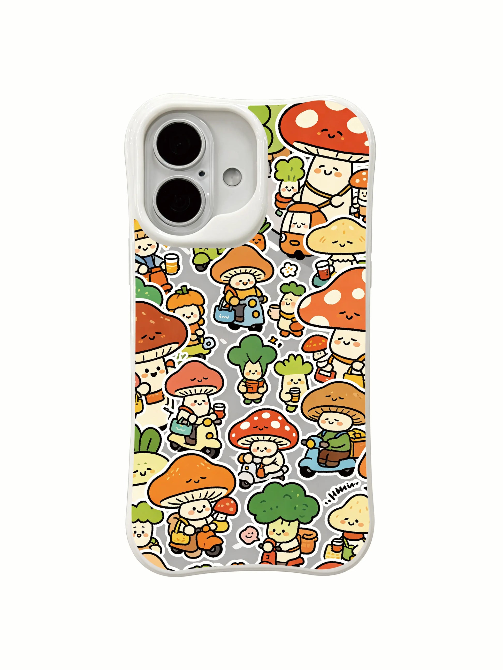 PhoneCasing artist designed iPhone 16 Plus Case, Milo Yun’s Mushroom Town Rush Hour with unique full-cover illustration.
